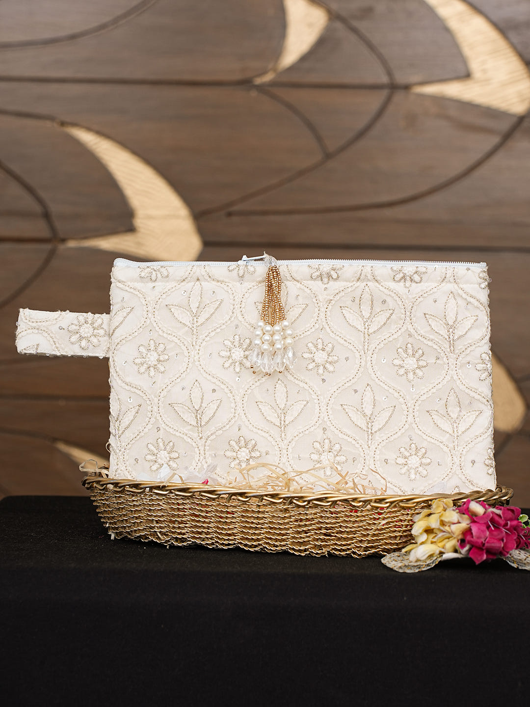 Ada Hand Embroidered White Old Lace Viscose Georgette Lucknowi Chikankari Pouch with Zari Work 01A959765