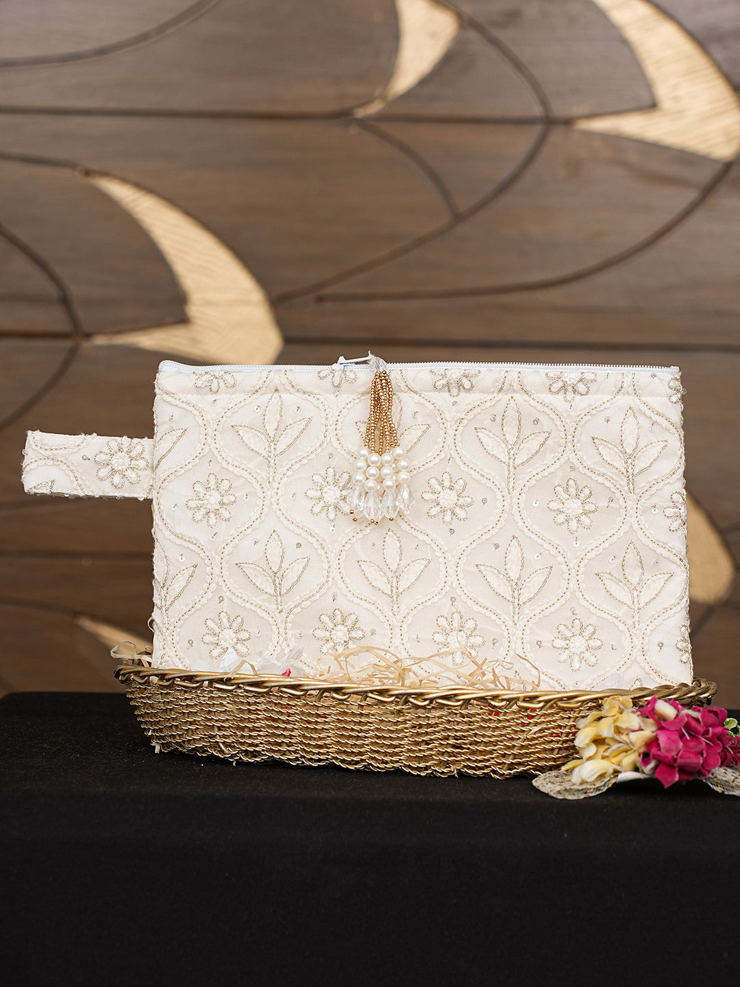Ada Hand Embroidered White Old Lace Viscose Georgette Lucknowi Chikankari Pouch with Zari Work 01A959765