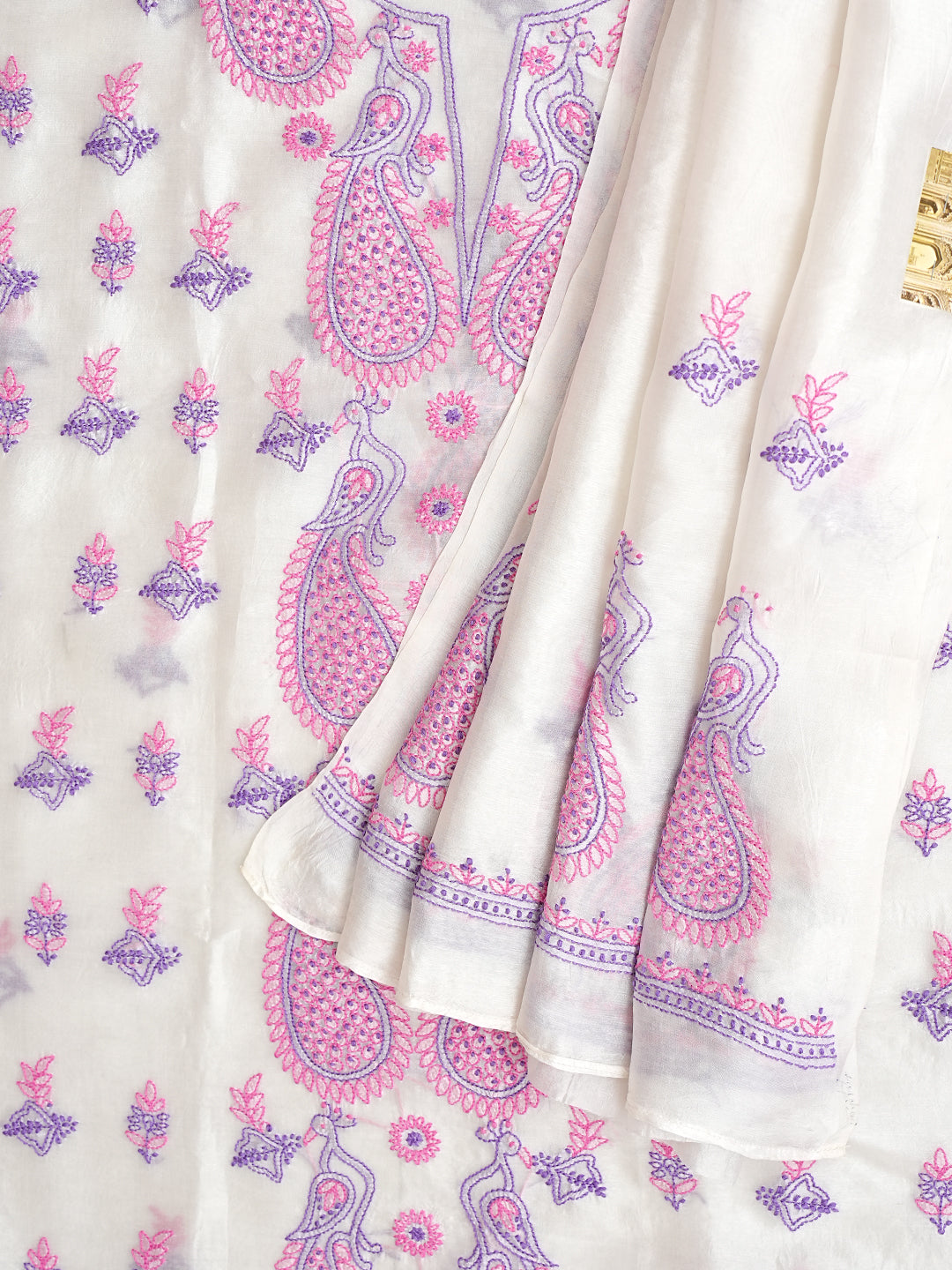 Ada Hand Embroidered White Organza Lucknowi Chikankari Unstitched Kurta Dupatta 01A999227