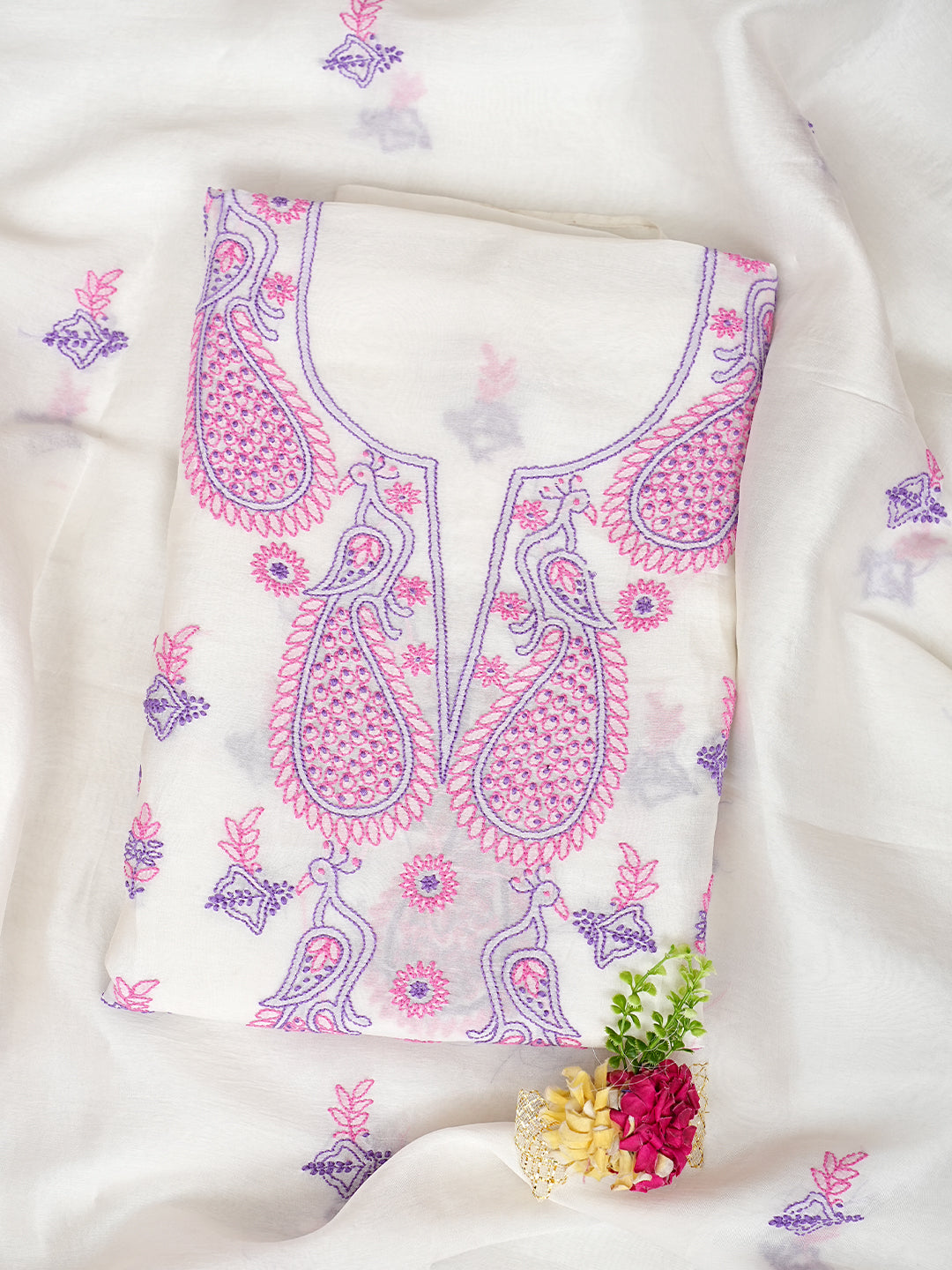 Ada Hand Embroidered White Organza Lucknowi Chikankari Unstitched Kurta Dupatta 01A999227