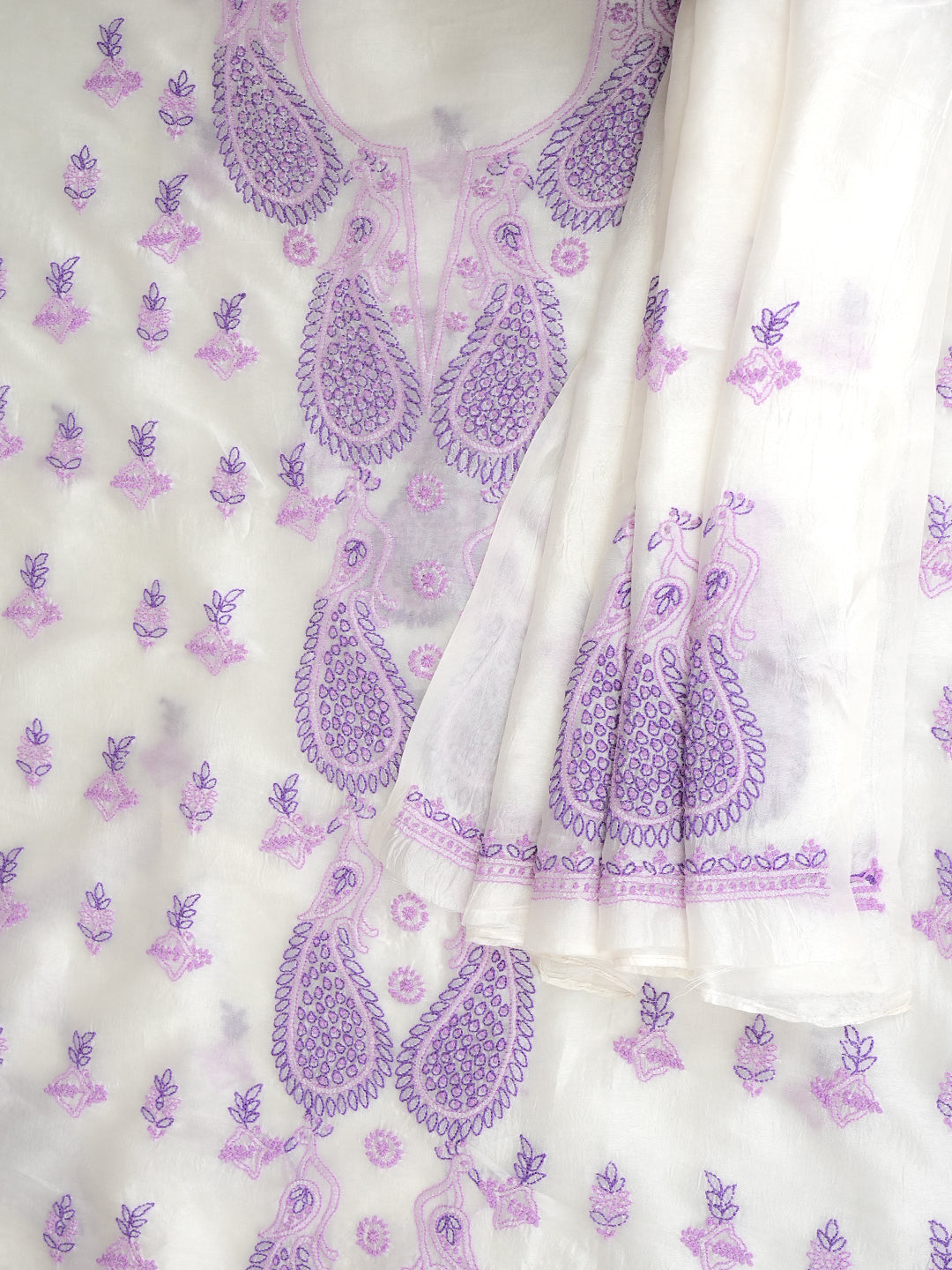 Ada Hand Embroidered White Organza Lucknowi Chikankari Unstitched Kurta Dupatta 01A999244