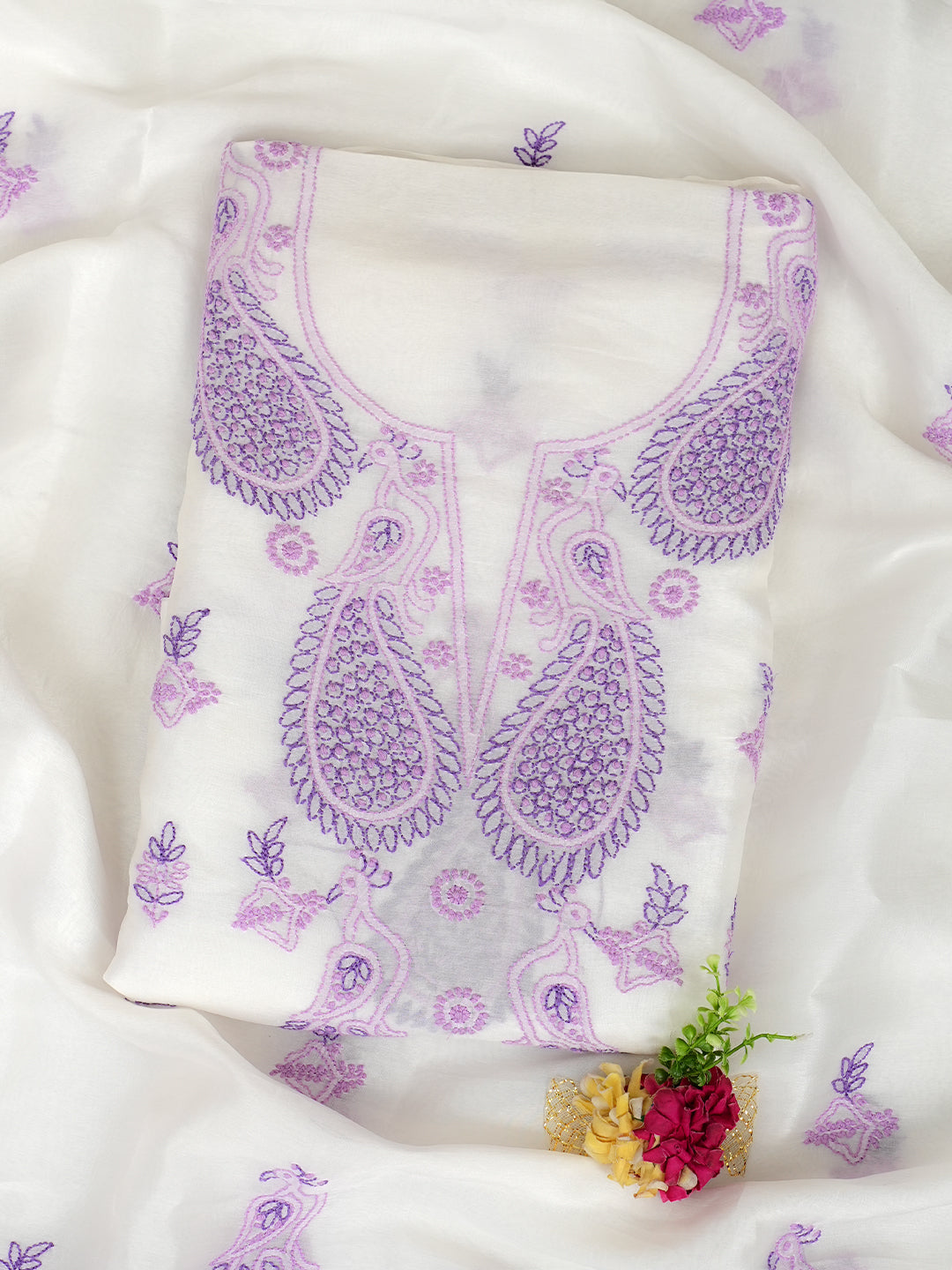 Ada Hand Embroidered White Organza Lucknowi Chikankari Unstitched Kurta Dupatta 01A999244