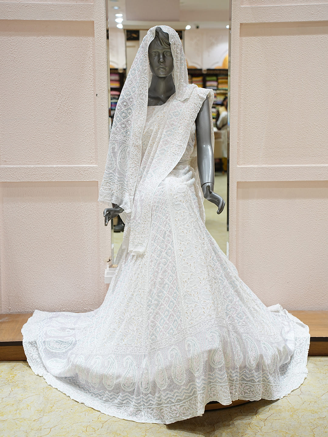 Ada Hand Embroidered White Pure Georgette Lucknowi Chikankari Lehenga Set With Cutdana Work_1