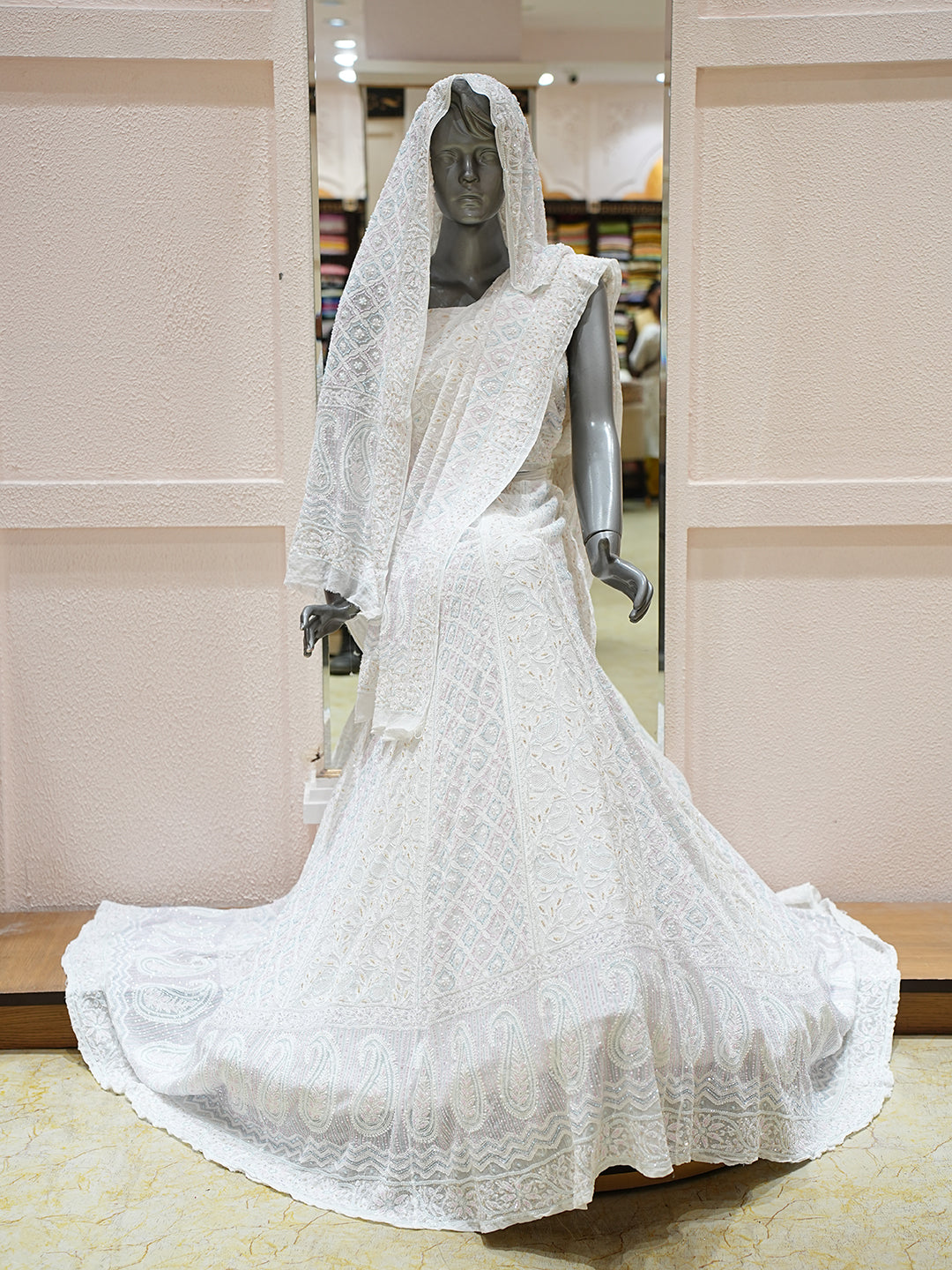 Ada Hand Embroidered White Pure Georgette Lucknowi Chikankari Lehenga Set With Cutdana Work_1