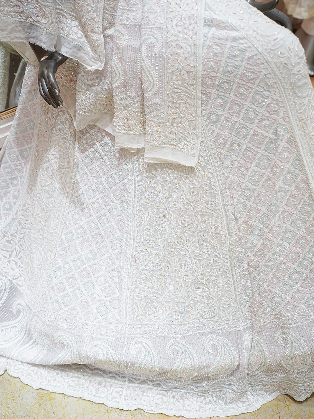 Ada Hand Embroidered White Pure Georgette Lucknowi Chikankari Lehenga Set With Cutdana Work_3