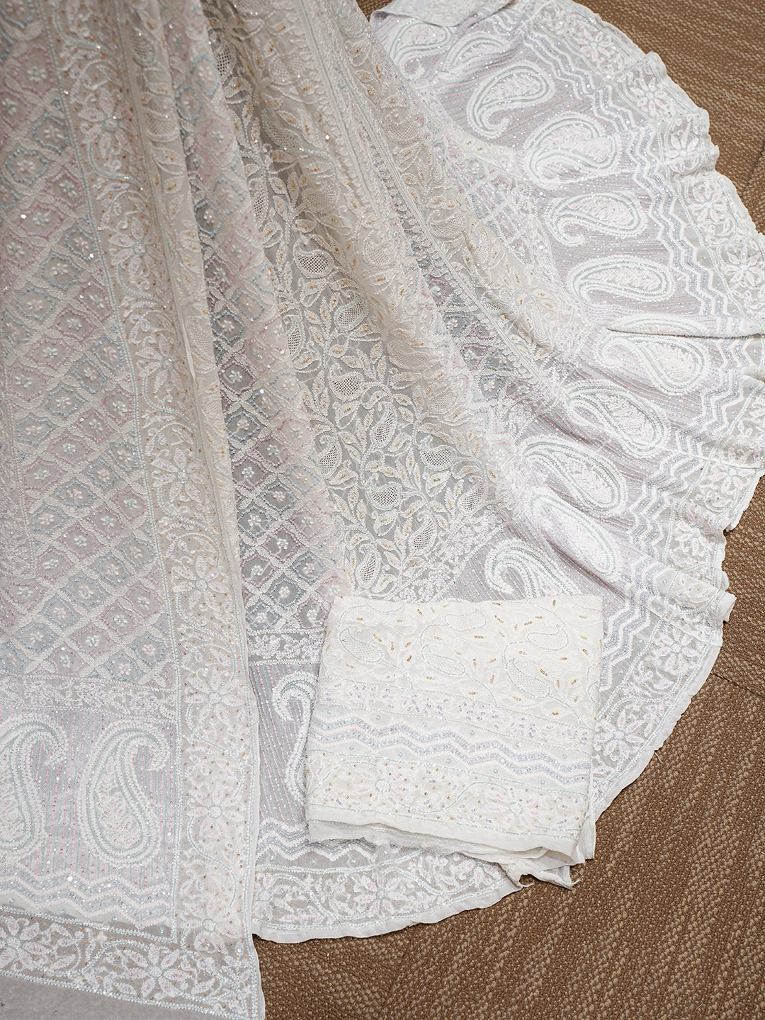 Ada Hand Embroidered White Pure Georgette Lucknowi Chikankari Lehenga Set With Cutdana Work_4
