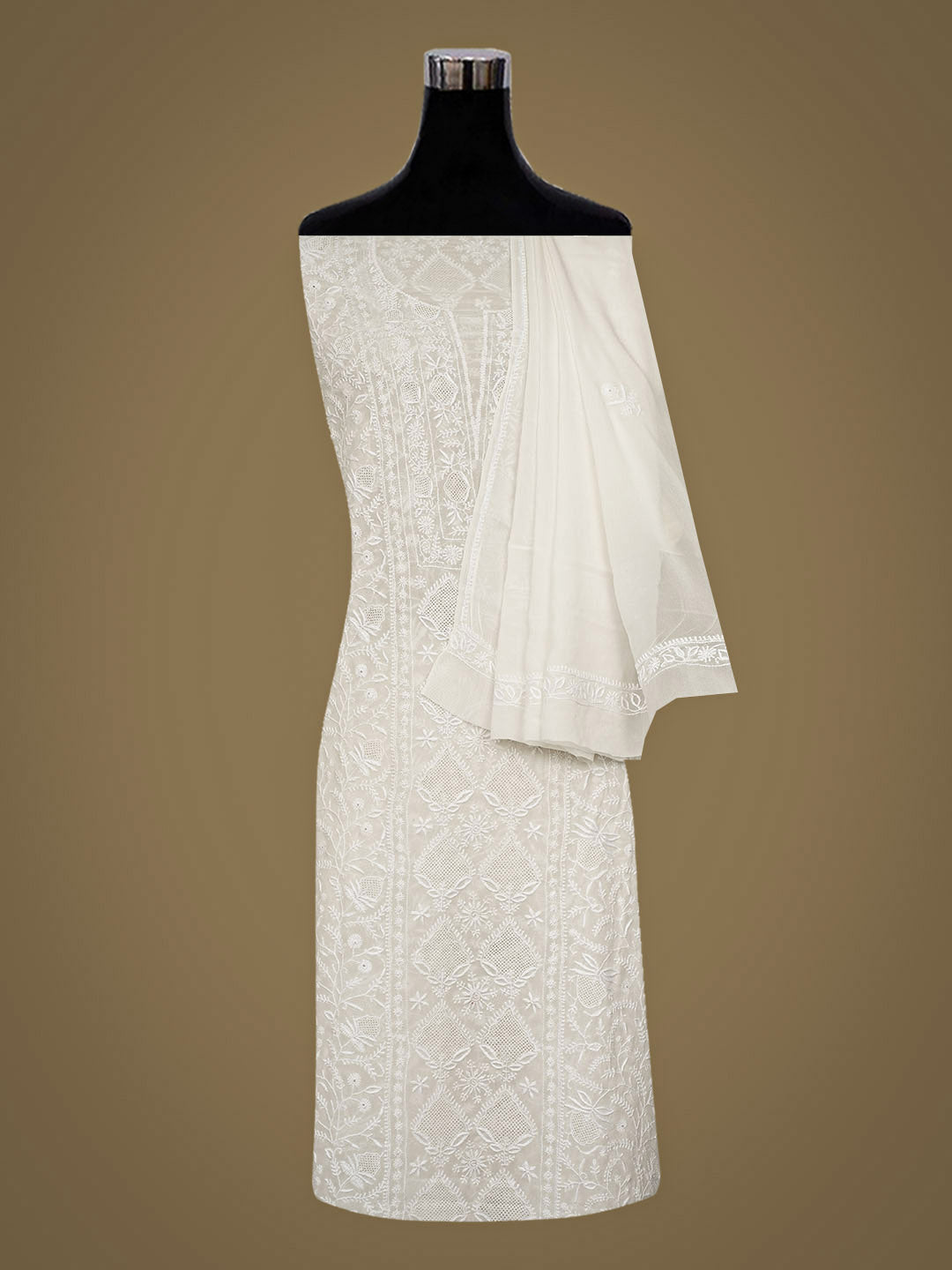 Ada Hand Embroidered White Pure Georgette Lucknowi Chikankari Unstitched Kurta Dupatta Set 01A987751