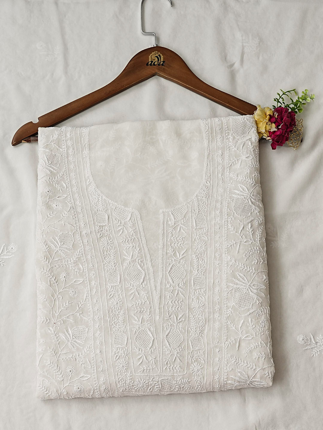 Ada Hand Embroidered White Pure Georgette Lucknowi Chikankari Unstitched Kurta Dupatta Set 01A987751