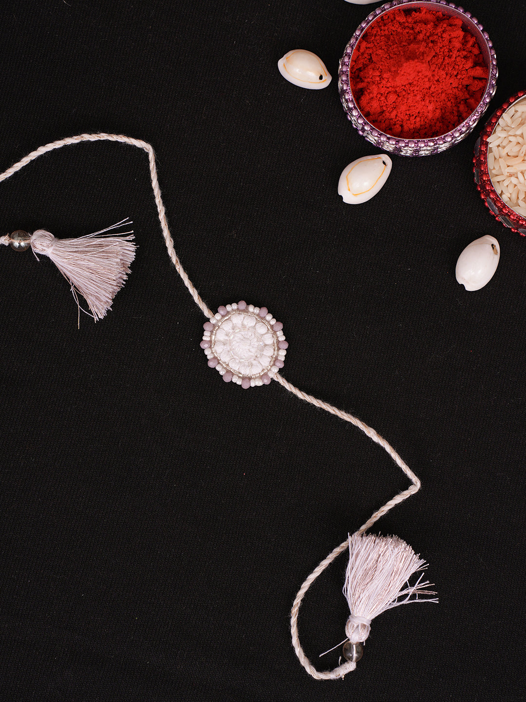 Ada Hand Embroidered White Pure Georgette Raksha Sutra Rakhi With Cutdana Work_1