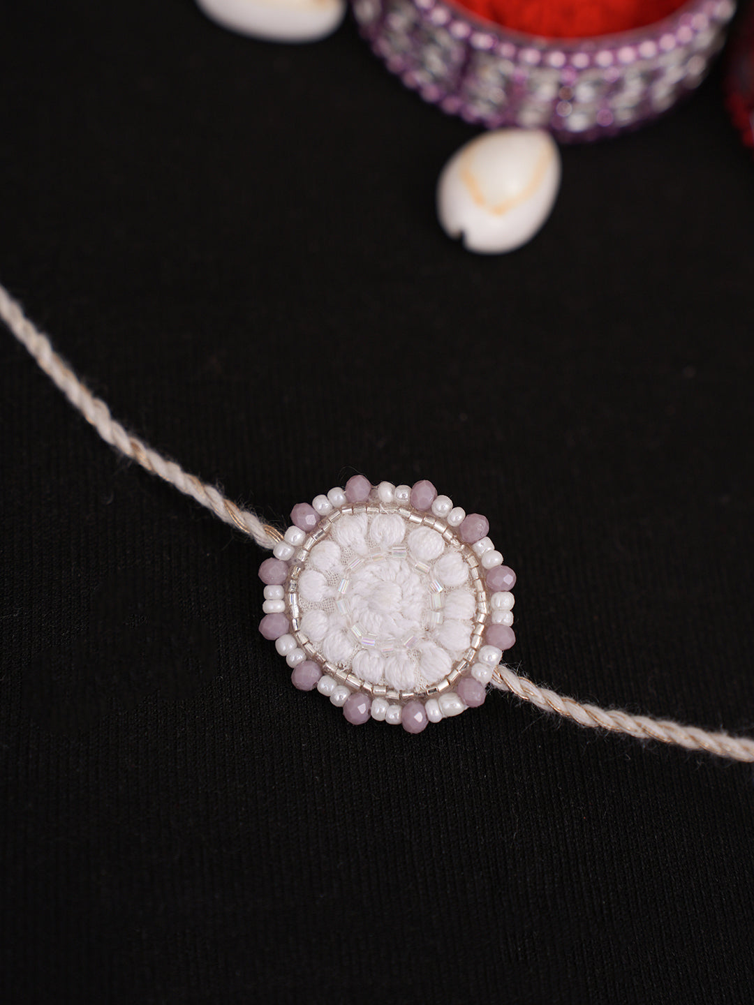 Ada Hand Embroidered White Pure Georgette Raksha Sutra Rakhi With Cutdana Work_2