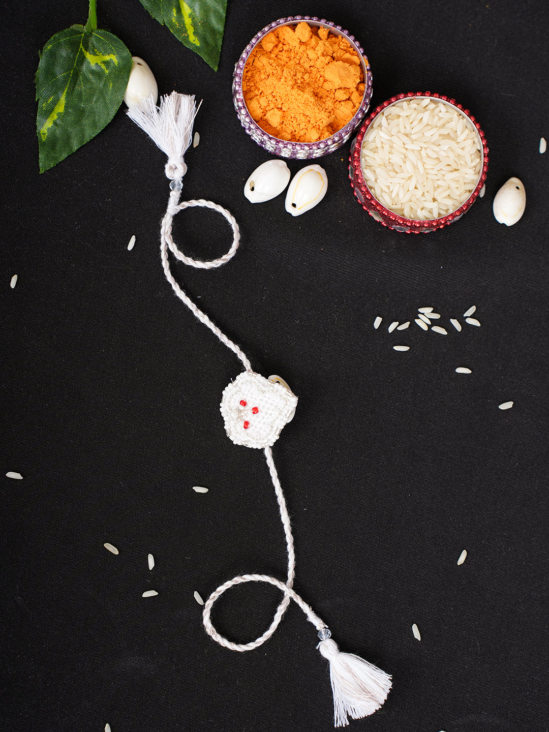 Ada Hand Embroidered White Pure Georgette Raksha Sutra Rakhi With Cutdana Work_1