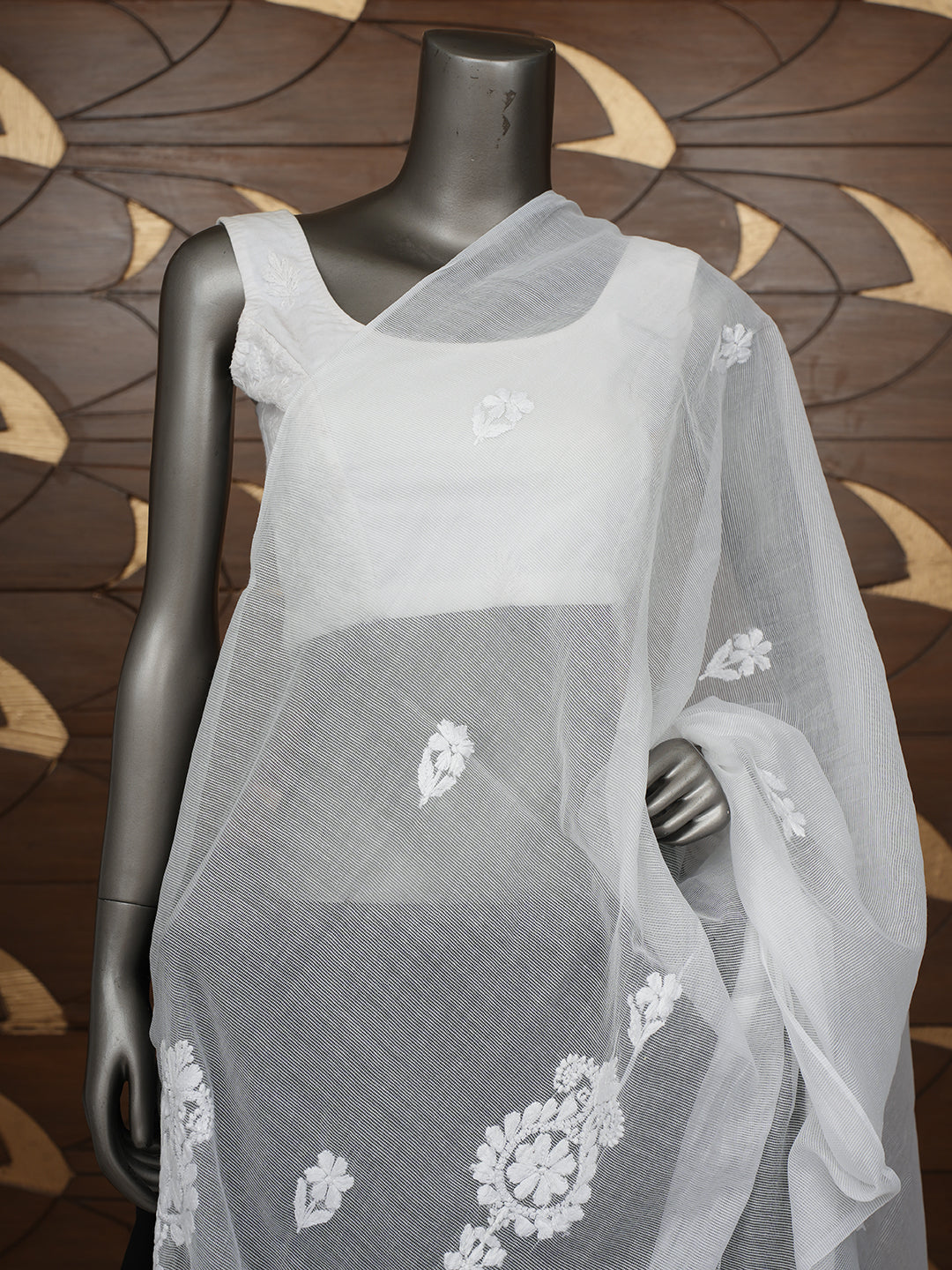 Ada Hand Embroidered White Super Net Lucknowi Chikankari Dupatta 01A994923