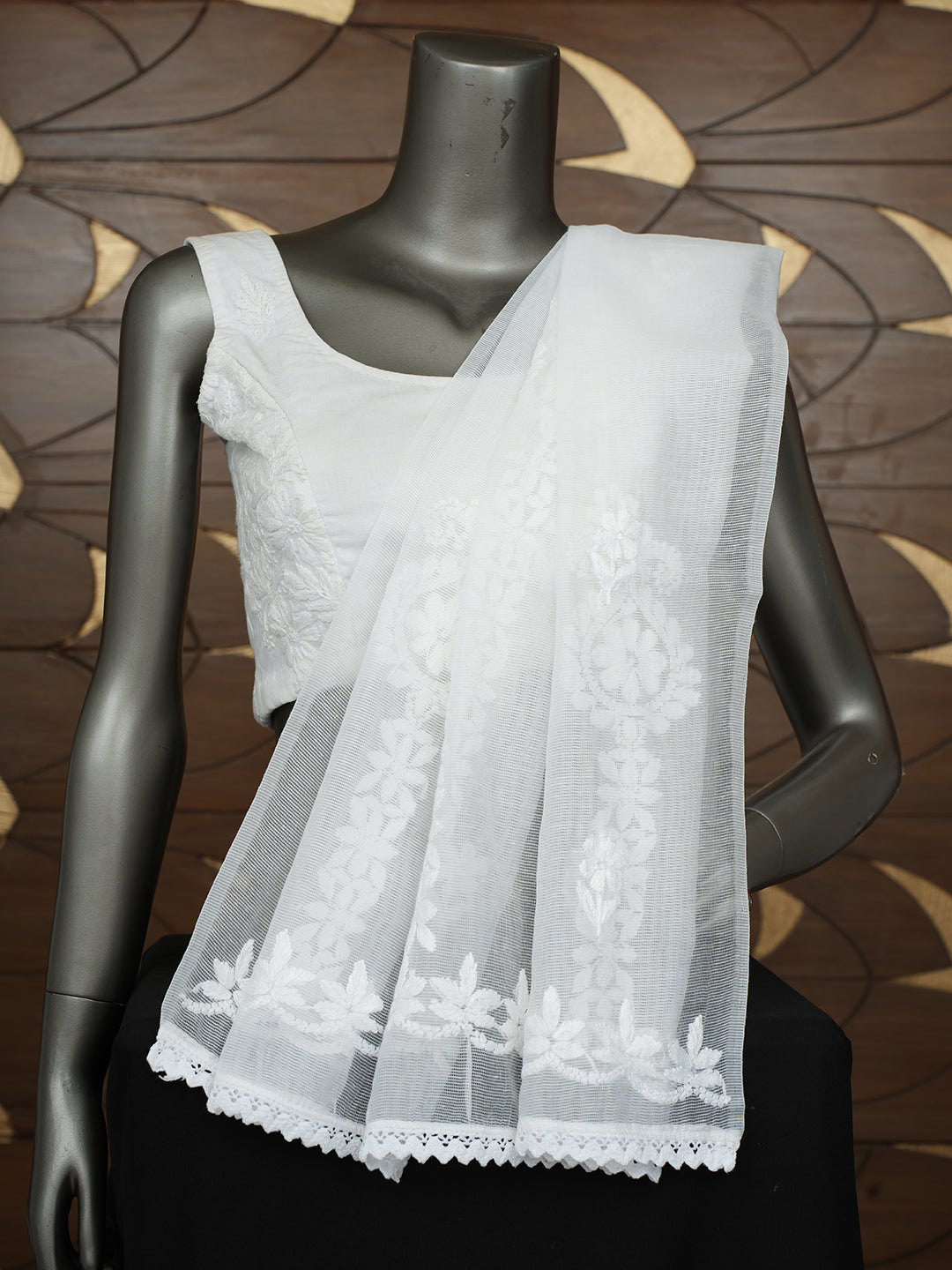 Ada Hand Embroidered White Super Net Lucknowi Chikankari Dupatta 01A994923