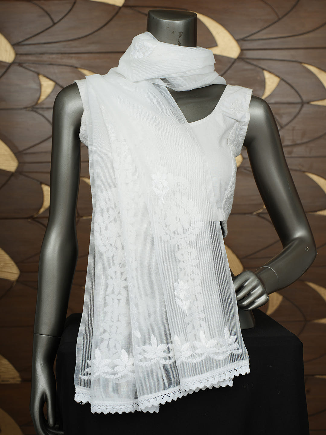 Ada Hand Embroidered White Super Net Lucknowi Chikankari Dupatta 01A994923