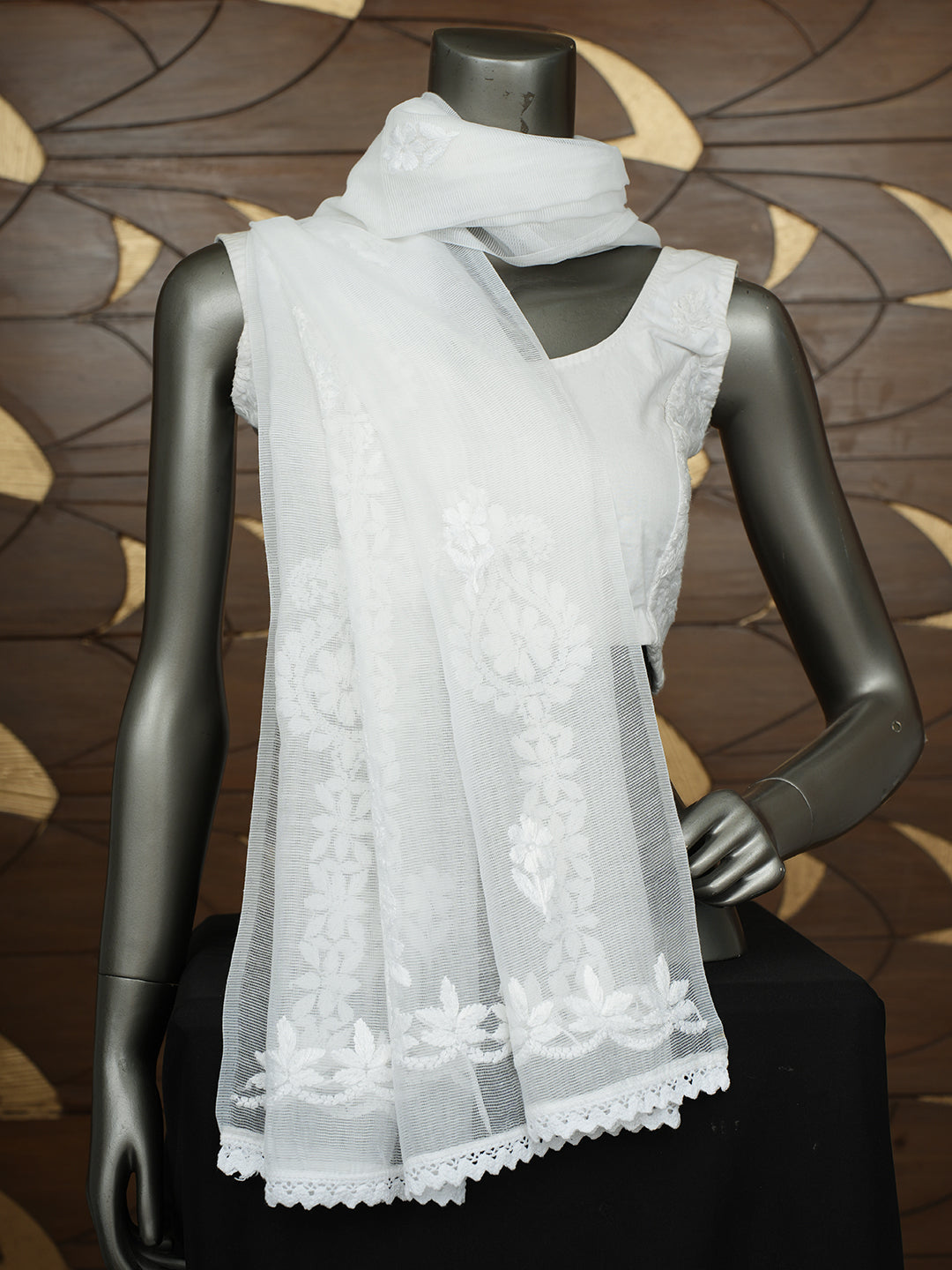Ada Hand Embroidered White Super Net Lucknowi Chikankari Dupatta 01A994923