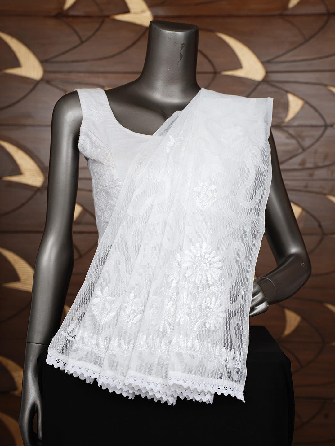 Ada Hand Embroidered White Super Net Lucknowi Chikankari Dupatta 01A994924_1