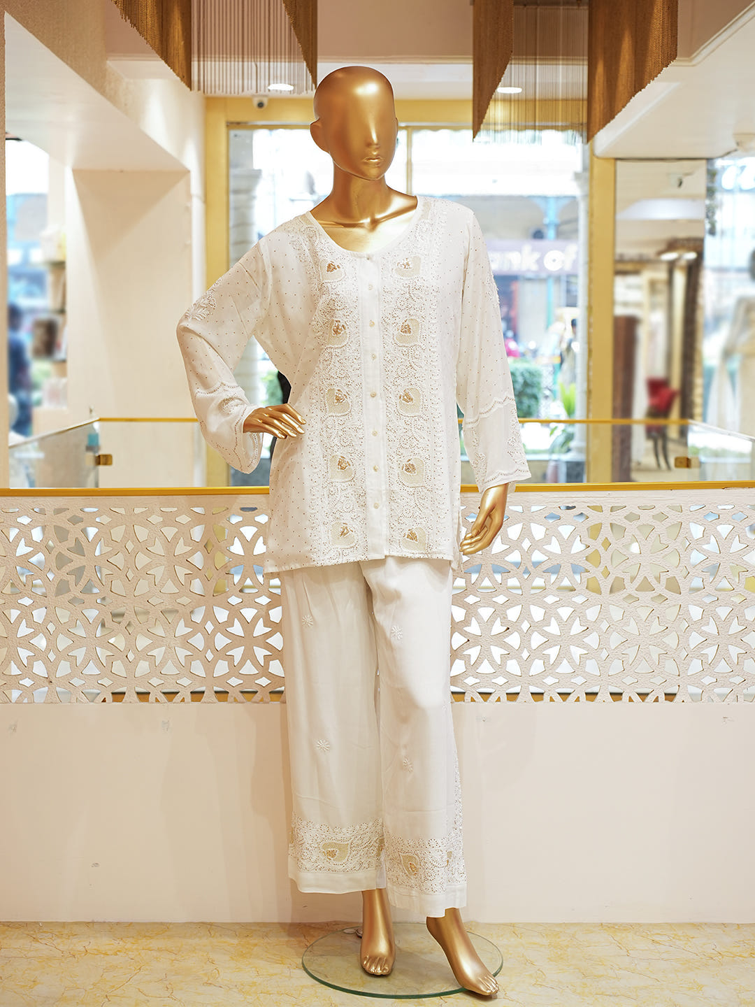 Ada Hand Embroidered White Viscose Georgette Lucknowi Chikankari Co-Ord Set With Muqaish/Mukaish Work  01A883481