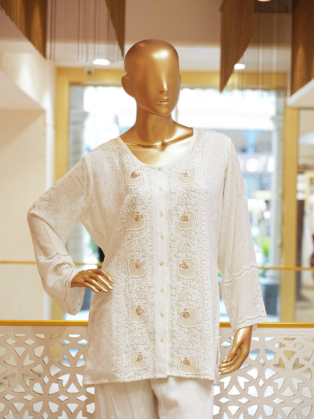 Ada Hand Embroidered White Viscose Georgette Lucknowi Chikankari Co-Ord Set With Muqaish/Mukaish Work  01A883481