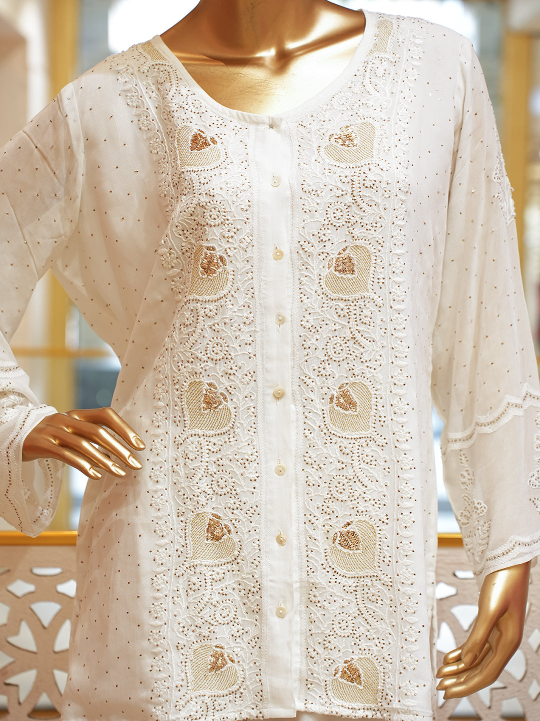 Ada Hand Embroidered White Viscose Georgette Lucknowi Chikankari Co-Ord Set With Muqaish/Mukaish Work  01A883481