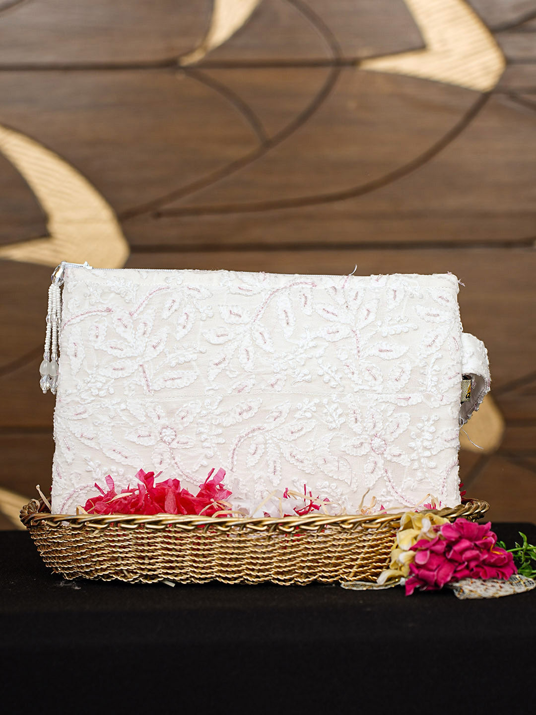 Ada Hand Embroidered White Viscose Georgette Lucknowi Chikankari Pouch with Cutdana Work 01A913127