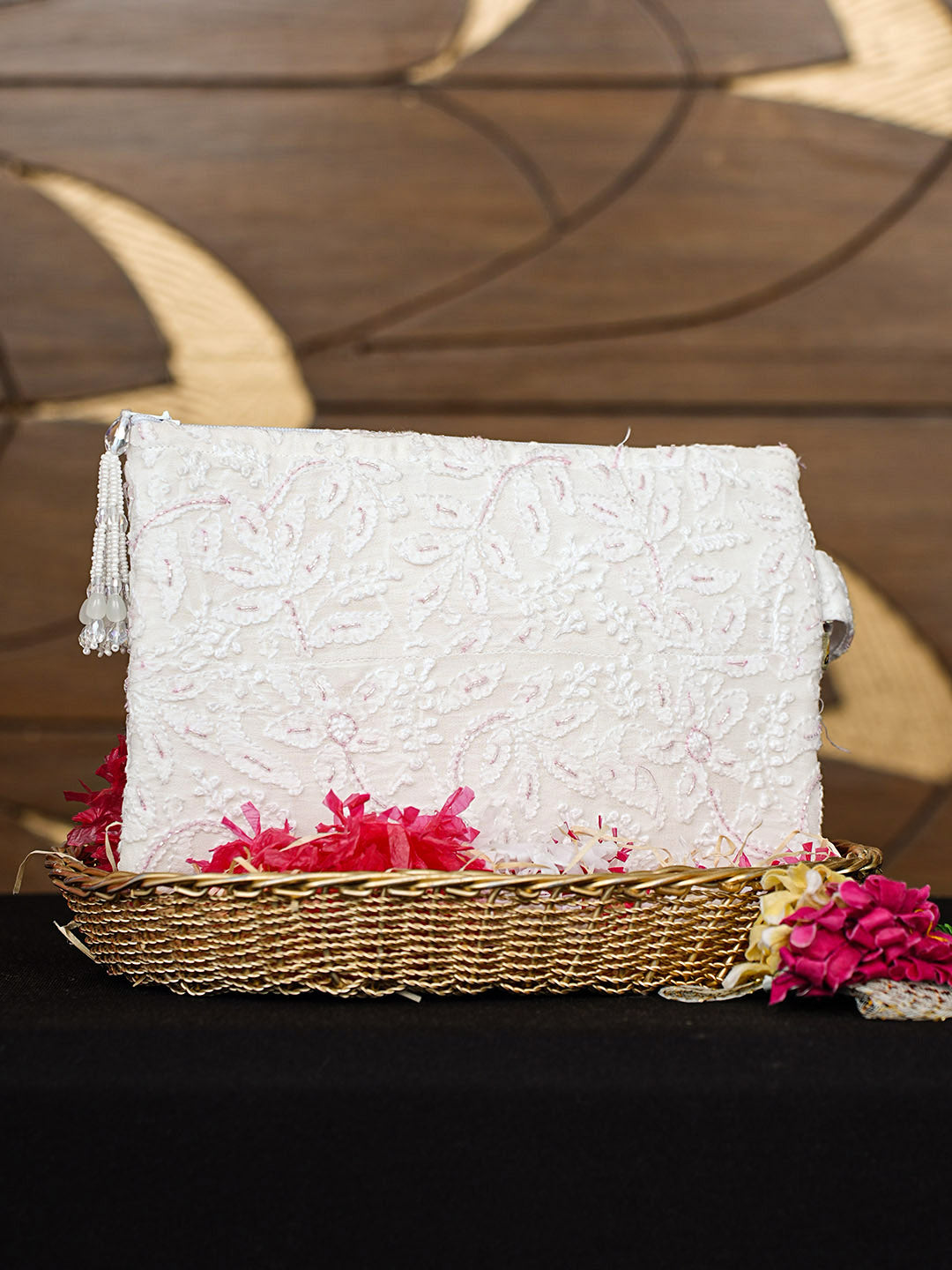 Ada Hand Embroidered White Viscose Georgette Lucknowi Chikankari Pouch with Cutdana Work 01A913127