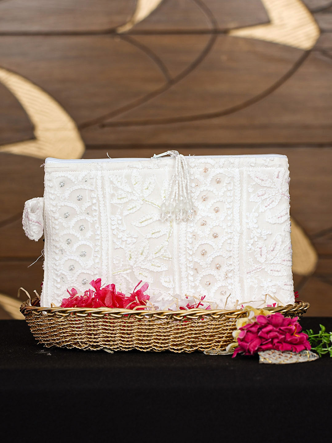 Ada Hand Embroidered White Viscose Georgette Lucknowi Chikankari Pouch with Cutdana Work 01A913127