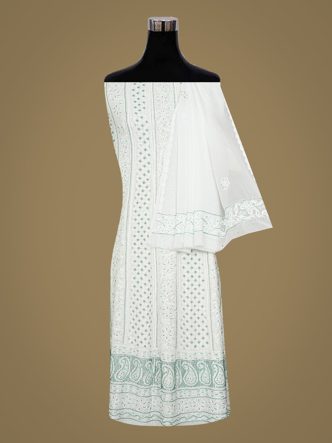 Ada Hand Embroidered White Viscose Georgette Lucknowi Chikankari Semi-Stitched Anarkali Kurta Dupatta Set With Cutdana Work 01A886620