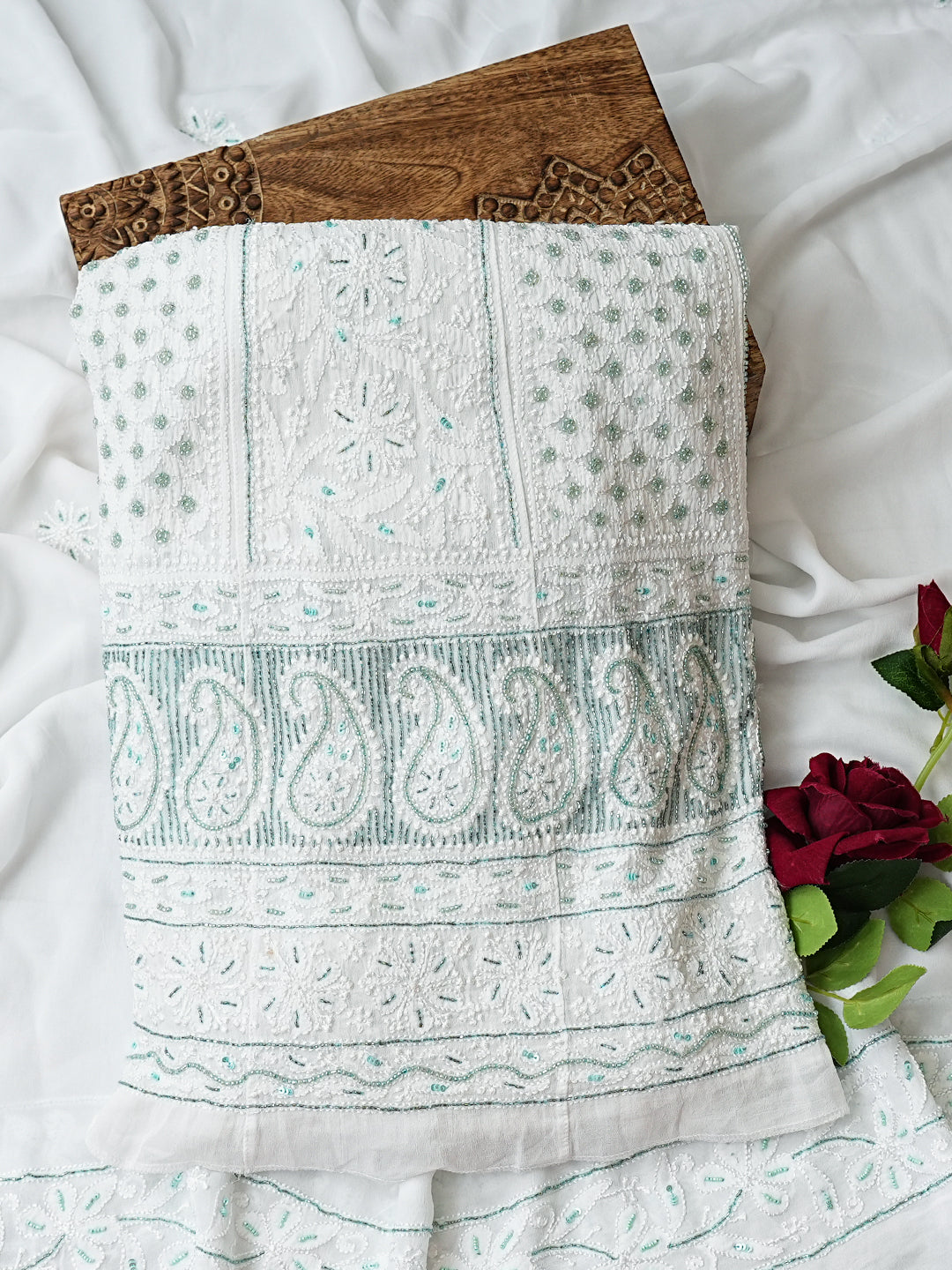 Ada Hand Embroidered White Viscose Georgette Lucknowi Chikankari Semi-Stitched Anarkali Kurta Dupatta Set With Cutdana Work 01A886620