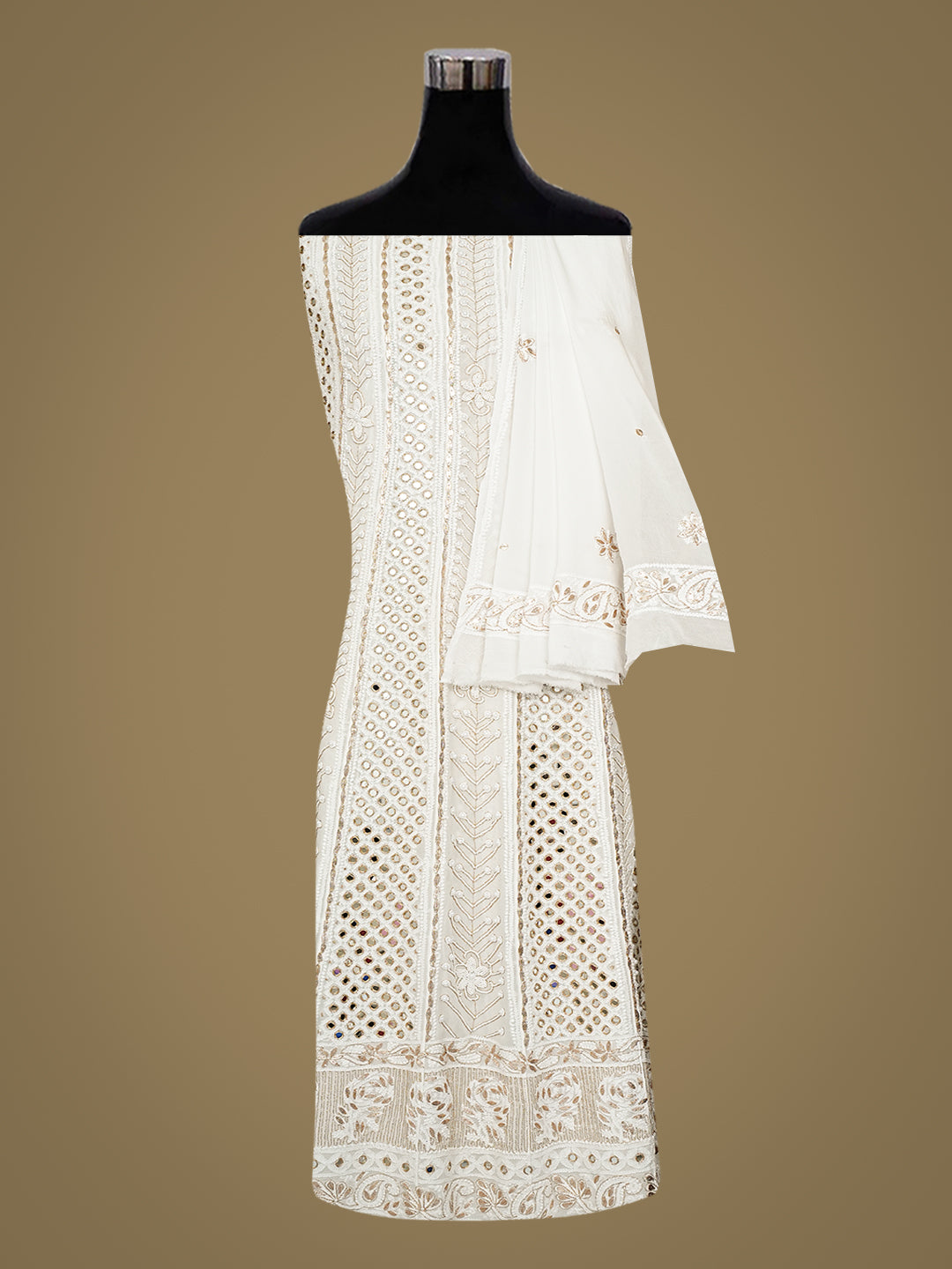 Ada Hand Embroidered White Viscose Georgette Lucknowi Chikankari Semi-Stitched Anarkali Kurta Dupatta Set With Gota Patti Work 01A931734