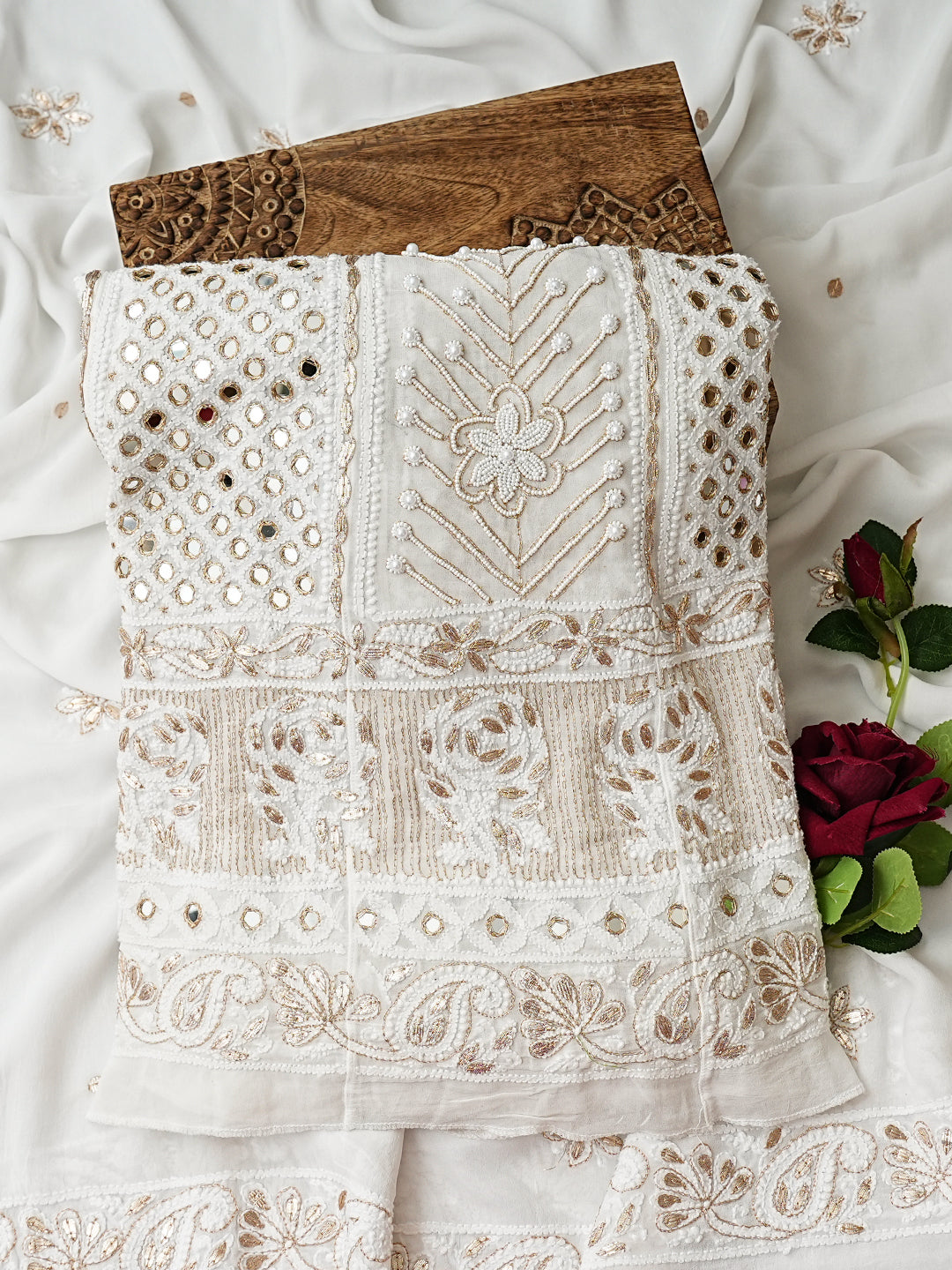 Ada Hand Embroidered White Viscose Georgette Lucknowi Chikankari Semi-Stitched Anarkali Kurta Dupatta Set With Gota Patti Work 01A931734