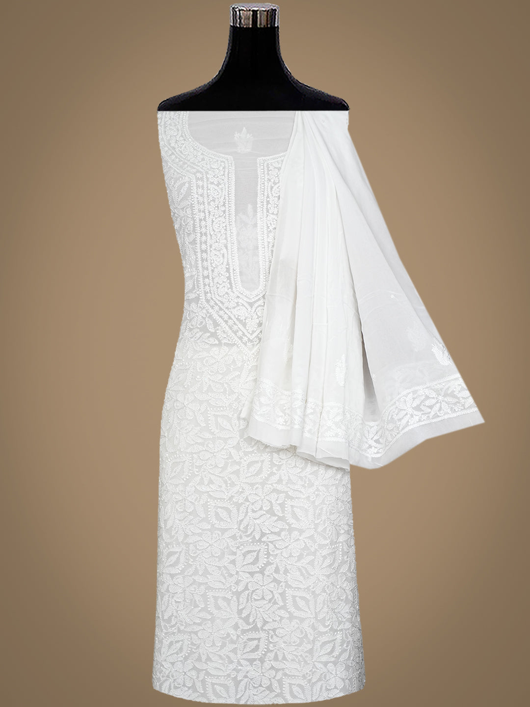 Ada Hand Embroidered White Viscose Georgette Lucknowi Chikankari Unstitched Kurta Dupatta Set With Cutdana Work 01A984108