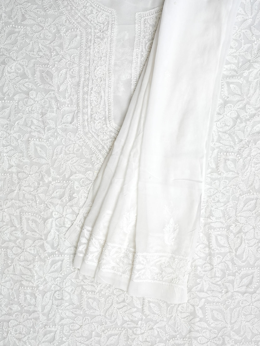 Ada Hand Embroidered White Viscose Georgette Lucknowi Chikankari Unstitched Kurta Dupatta Set With Cutdana Work 01A984108