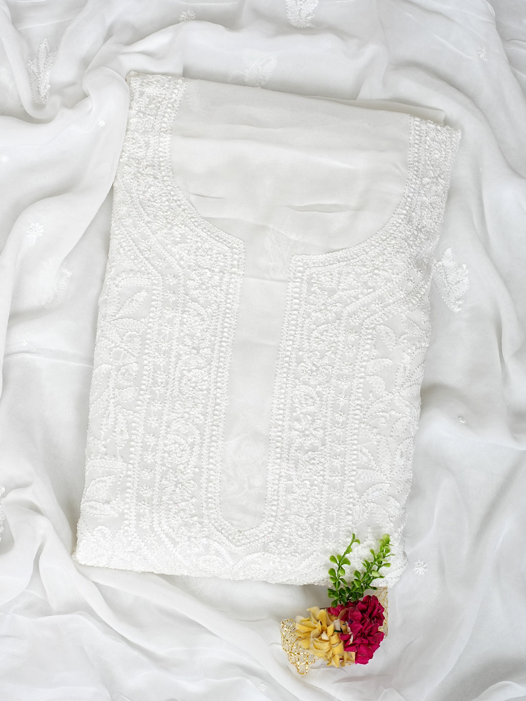 Ada Hand Embroidered White Viscose Georgette Lucknowi Chikankari Unstitched Kurta Dupatta Set With Cutdana Work 01A984108