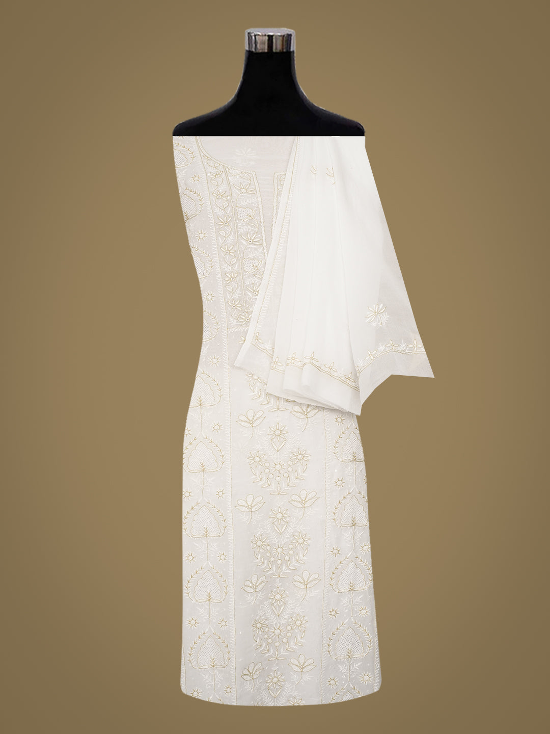 Ada Hand Embroidered White Viscose Georgette Lucknowi Chikankari Unstitched Kurta Dupatta Set With Cutdana, Zari & Sequinned Work 01A919339