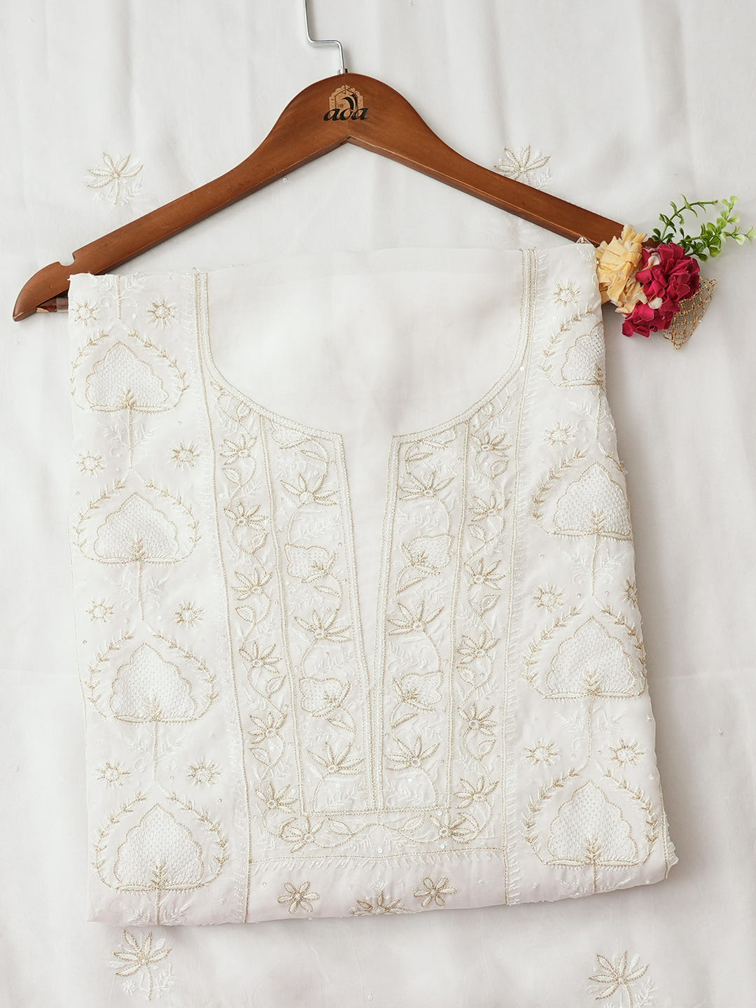 Ada Hand Embroidered White Viscose Georgette Lucknowi Chikankari Unstitched Kurta Dupatta Set With Cutdana Work 01A919339
