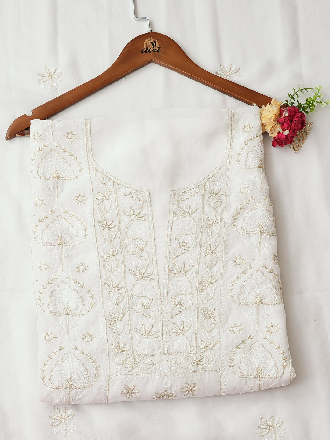 Ada Hand Embroidered White Viscose Georgette Lucknowi Chikankari Unstitched Kurta Dupatta Set With Cutdana, Zari & Sequinned Work 01A919339