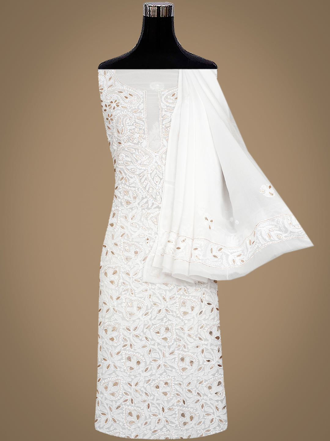 Ada Hand Embroidered White Viscose Georgette Lucknowi Chikankari Unstitched Kurta Dupatta Set With Gota Patti Work 01A984079