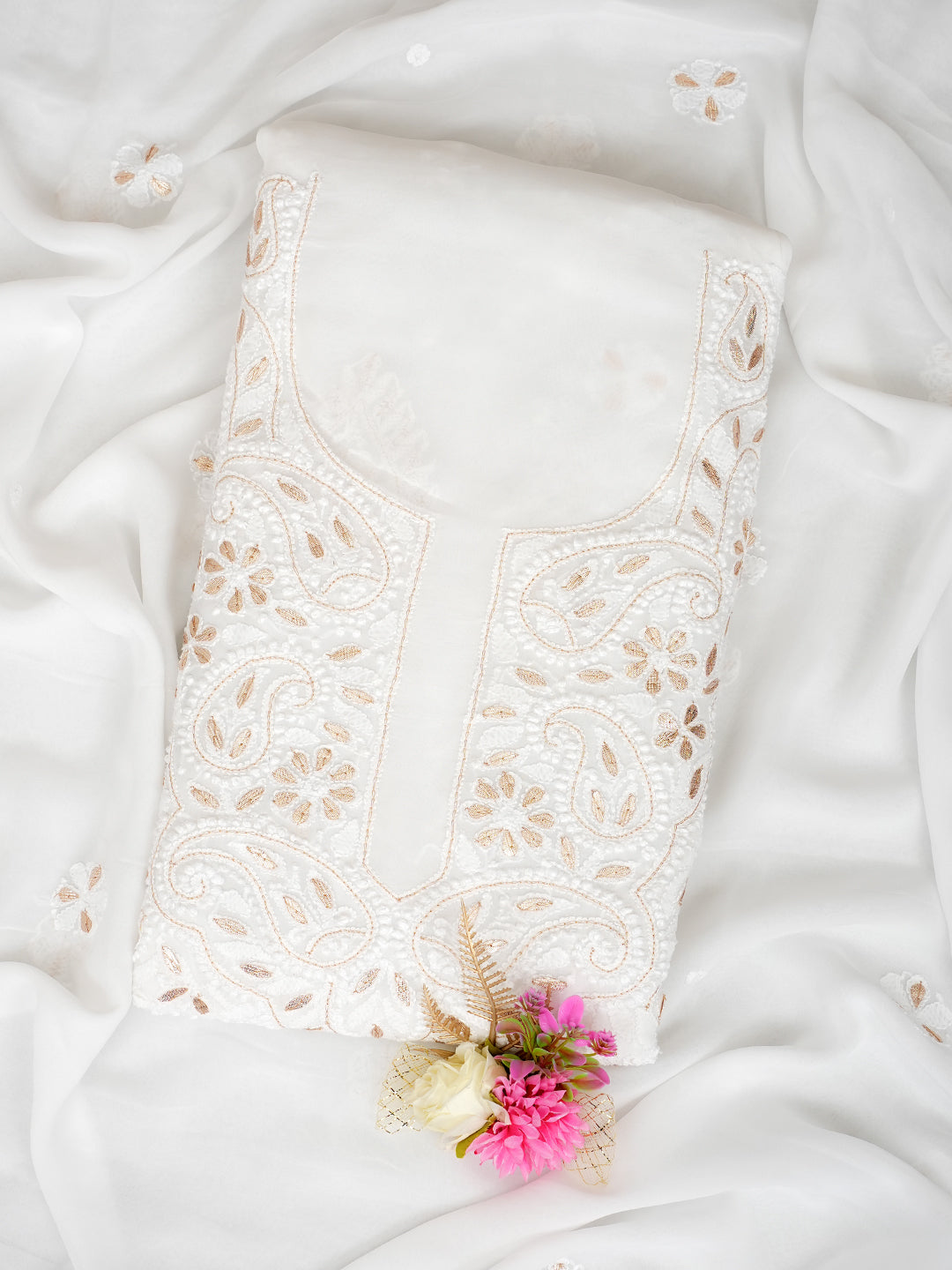 Ada Hand Embroidered White Viscose Georgette Lucknowi Chikankari Unstitched Kurta Dupatta Set With Gota Patti Work 01A984079