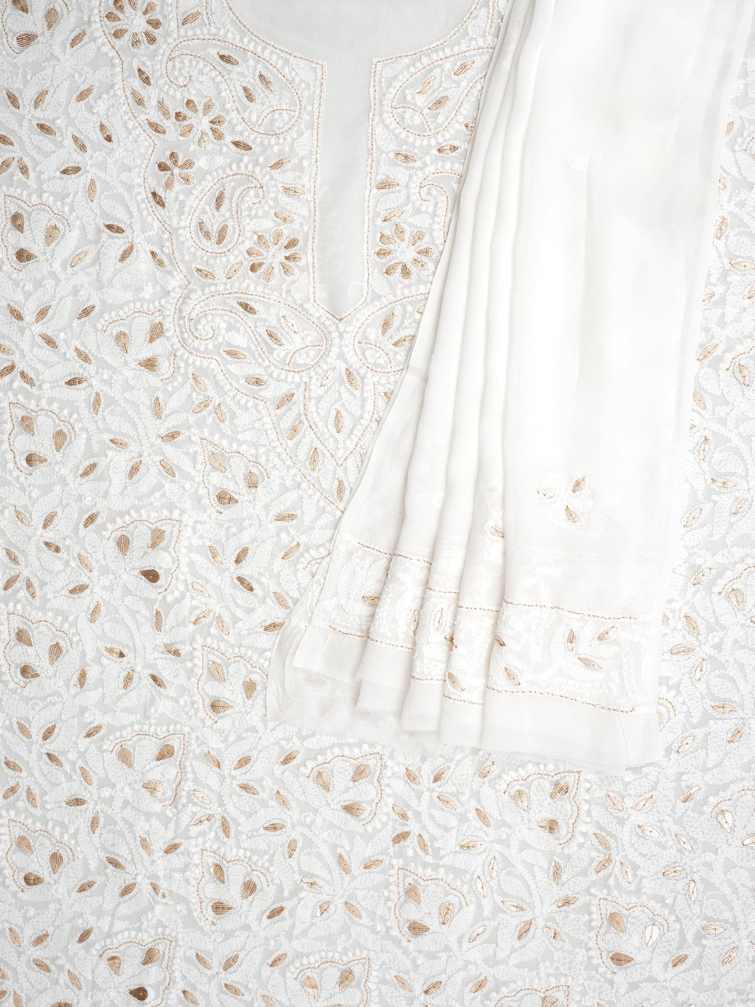 Ada Hand Embroidered White Viscose Georgette Lucknowi Chikankari Unstitched Kurta Dupatta Set With Zari Work 01A984079
