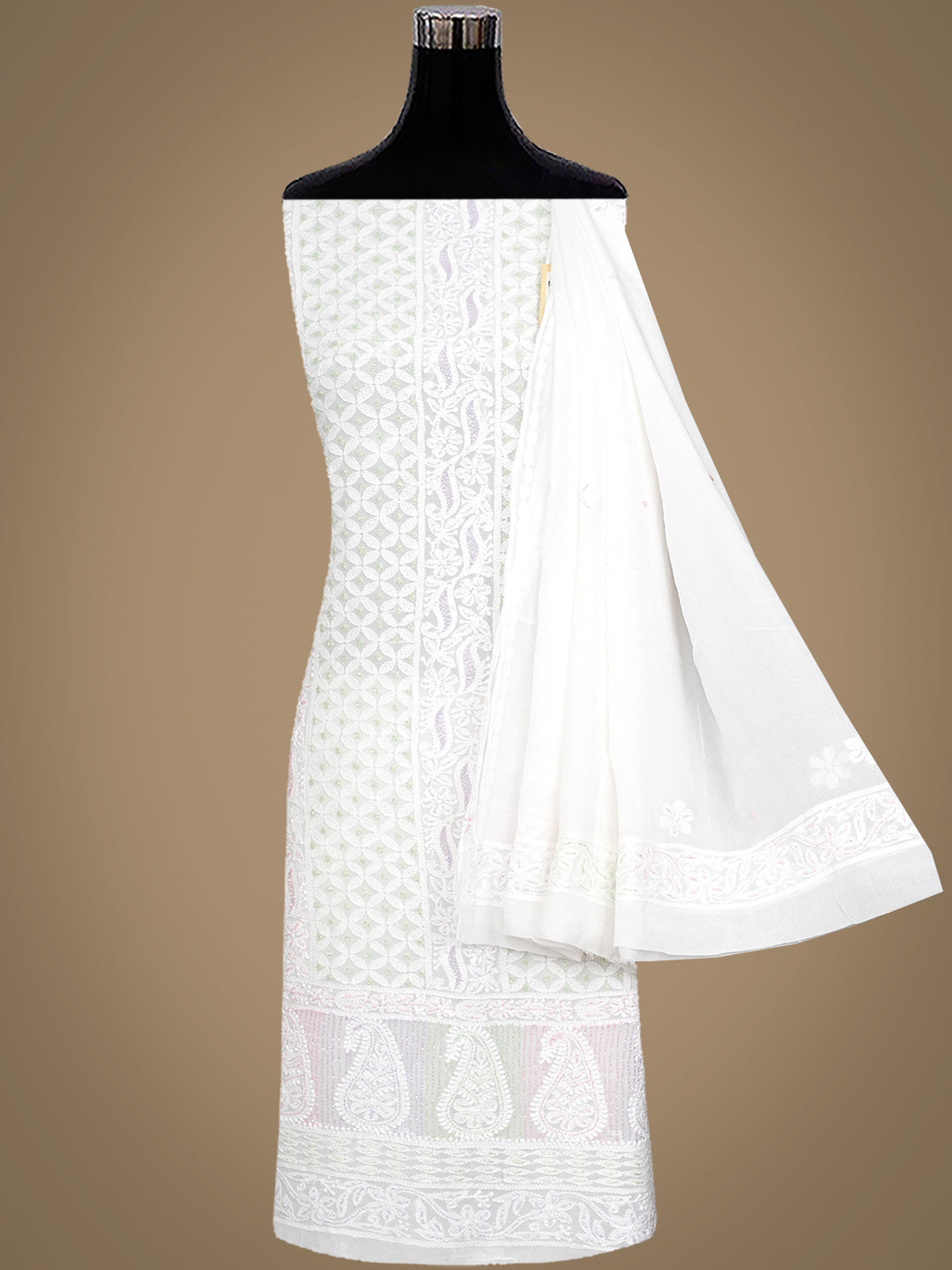 Ada Hand Embroidered White Viscose Georgette Lucknowi Chikankari Unstitched Kurta Dupatta With Cutdana Work 01A977810