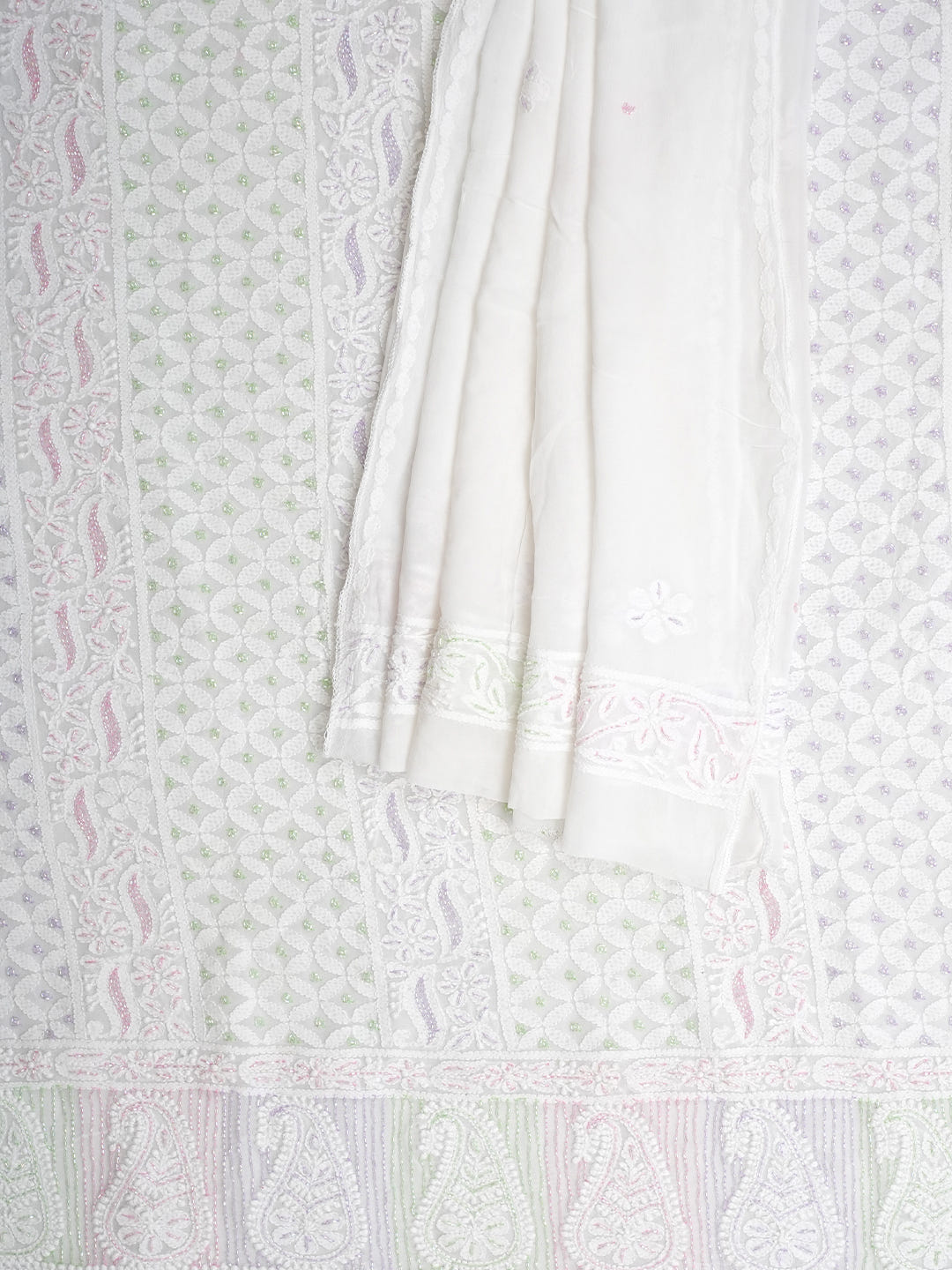 Ada Hand Embroidered White Viscose Georgette Lucknowi Chikankari Unstitched Kurta Dupatta Set With Cutdana Work 01A977810