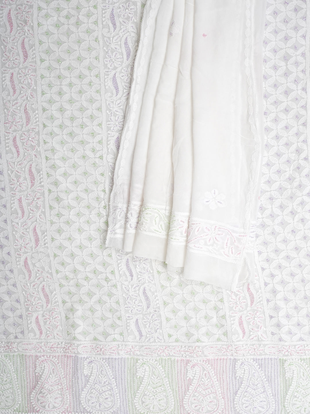 Ada Hand Embroidered White Viscose Georgette Lucknowi Chikankari Unstitched Kurta Dupatta With Cutdana Work 01A977810