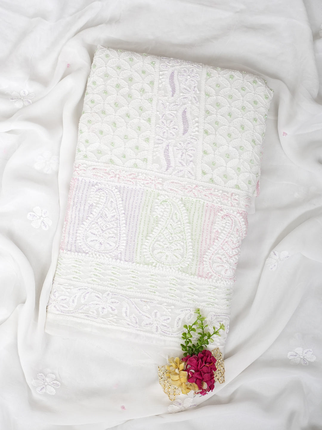 Ada Hand Embroidered White Viscose Georgette Lucknowi Chikankari Unstitched Kurta Dupatta Set With Cutdana Work 01A977810