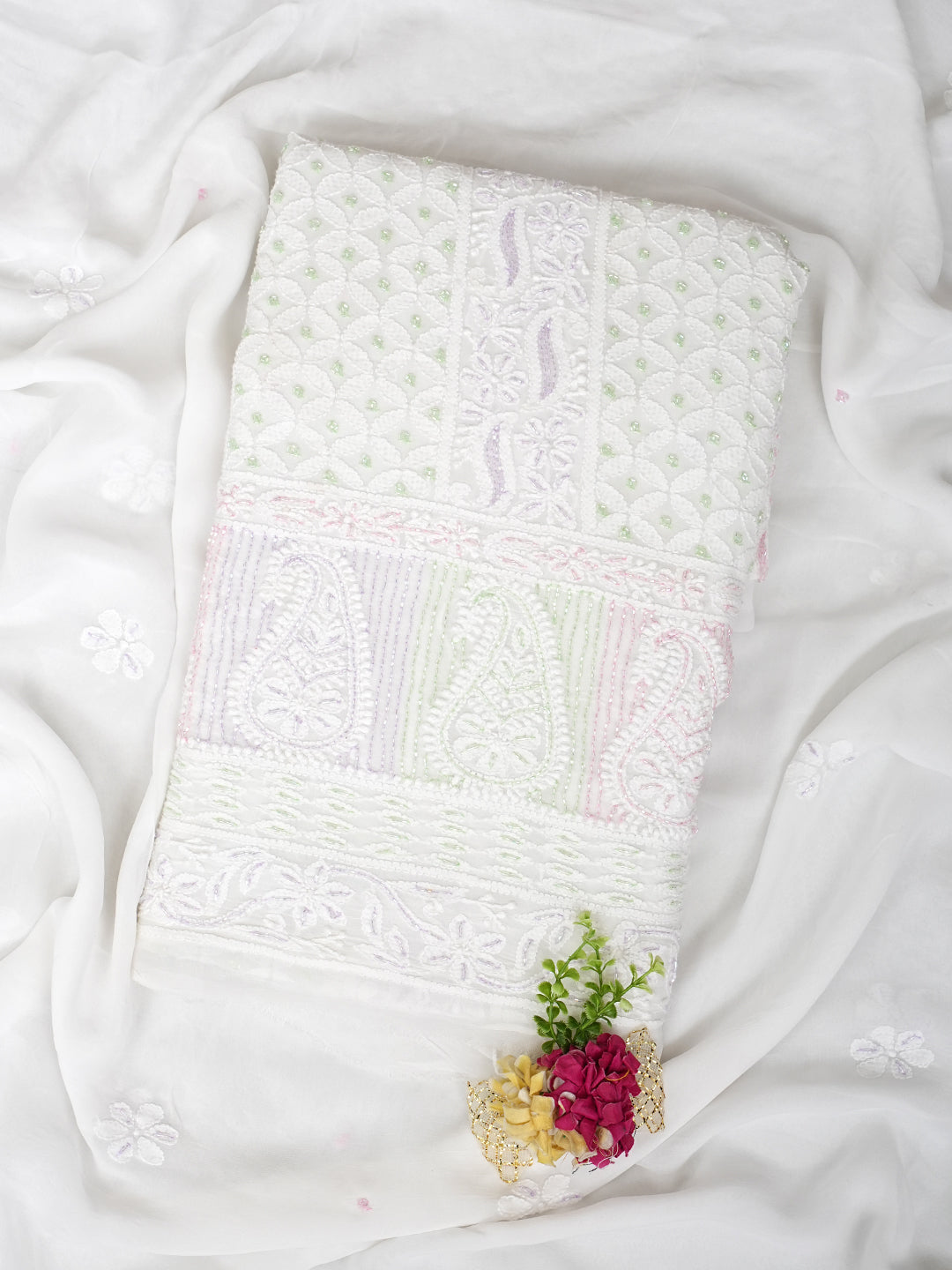 Ada Hand Embroidered White Viscose Georgette Lucknowi Chikankari Unstitched Kurta Dupatta With Cutdana Work 01A977810