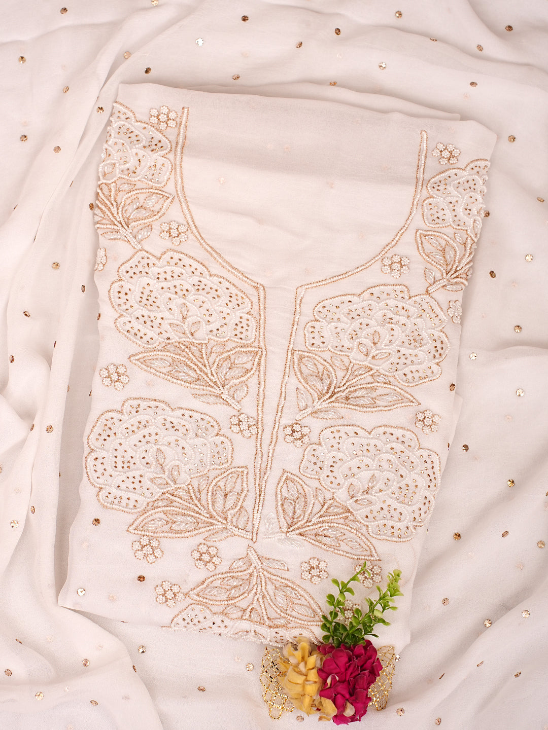 Ada Hand Embroidered White Viscose Georgette Unstitched Kurta Dupatta Set With Muqaish/Mukaish Work 01A989227