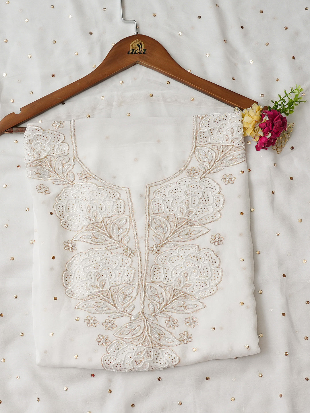 Ada Hand Embroidered White Viscose Georgette Unstitched Kurta Dupatta Set With Muqaish/Mukaish Work 01A989235