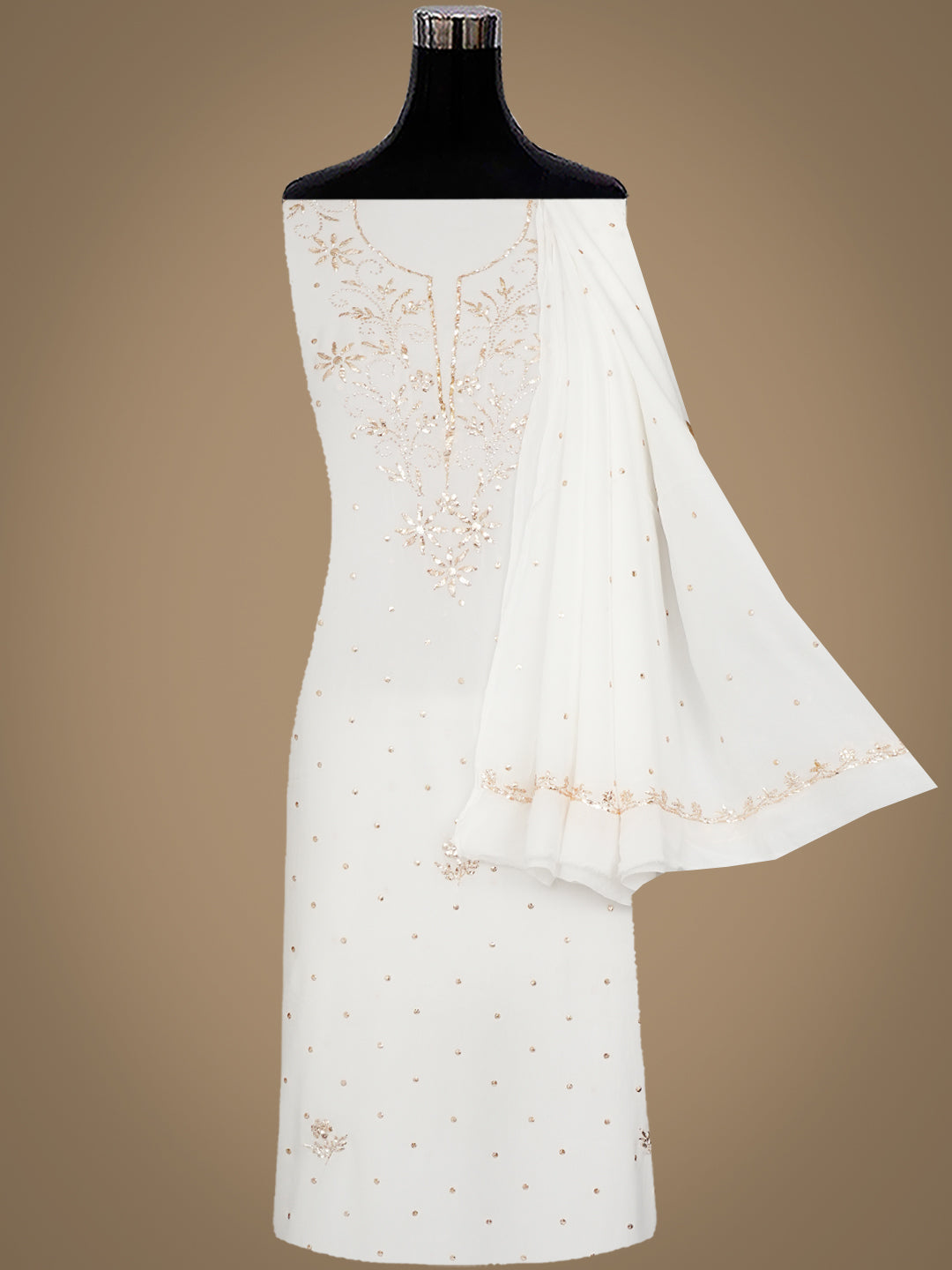 Ada Hand Embroidered White Viscose Georgette Unstitched Kurta Dupatta With Muqaish/Mukaish Work 01A979997