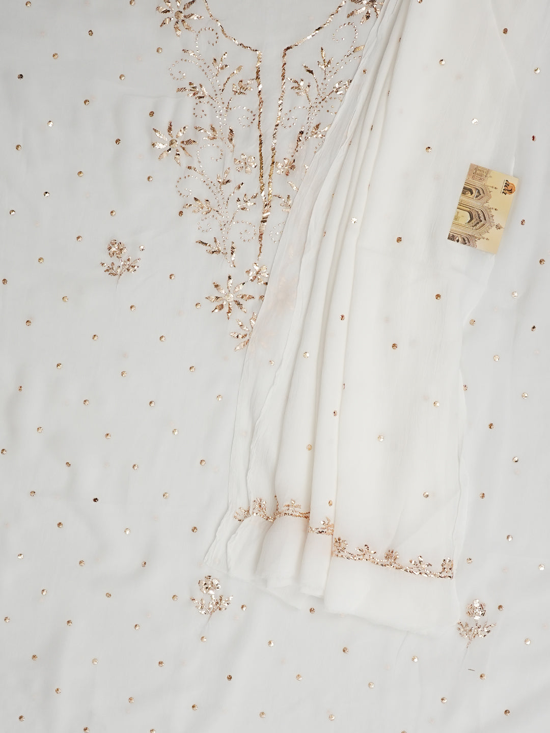 Ada Hand Embroidered White Viscose Georgette Unstitched Kurta Dupatta With Muqaish/Mukaish Work 01A979997
