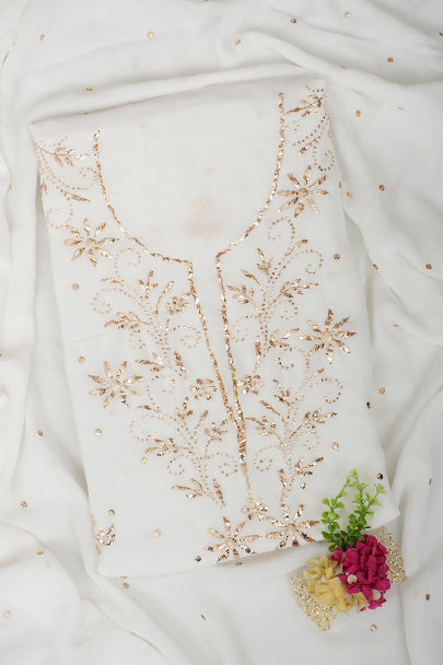 Ada Hand Embroidered White Viscose Georgette Unstitched Kurta Dupatta With Muqaish/Mukaish Work 01A979997