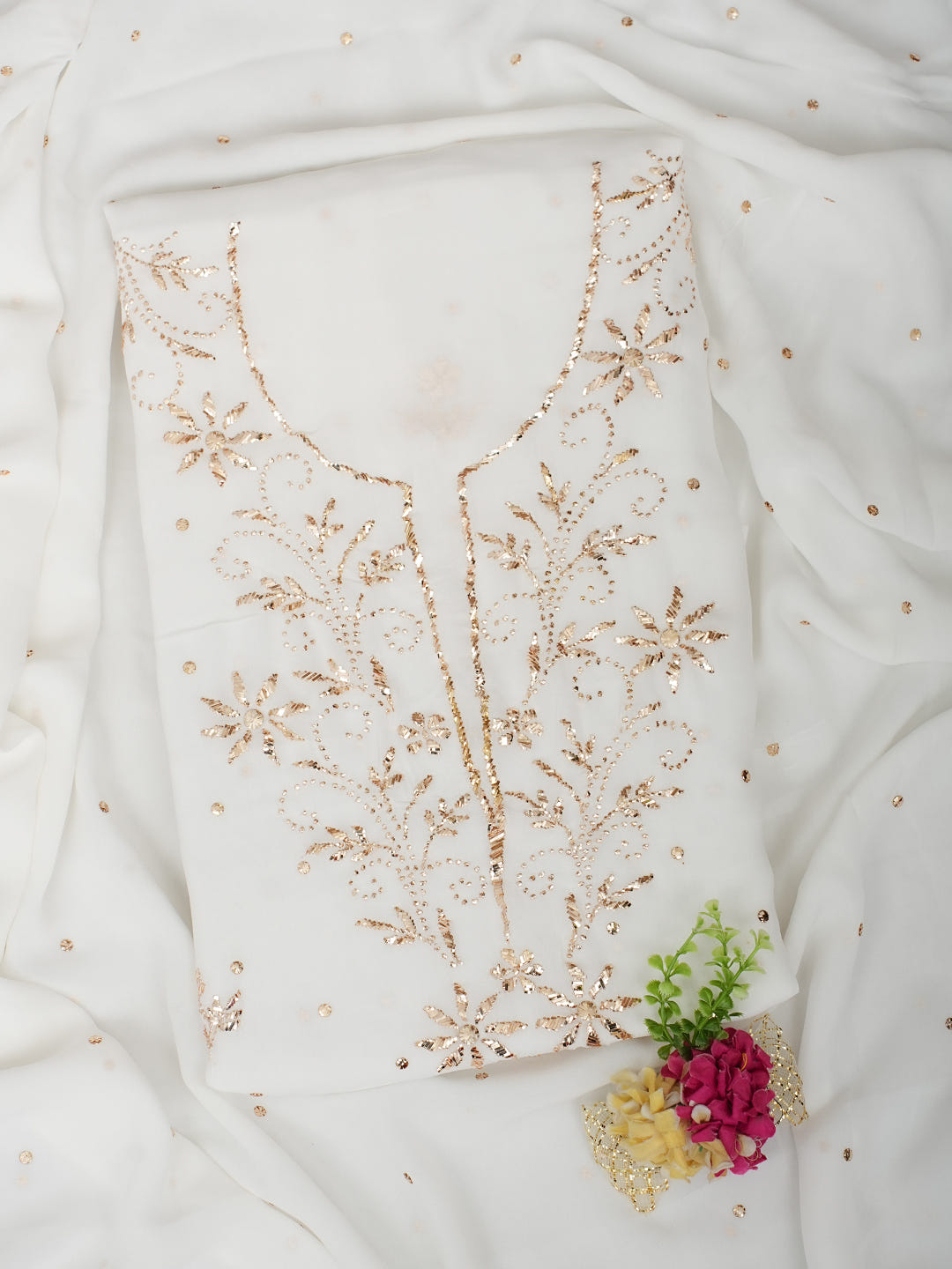 Ada Hand Embroidered White Viscose Georgette Unstitched Kurta Dupatta Set With Muqaish/Mukaish Work 01A979997
